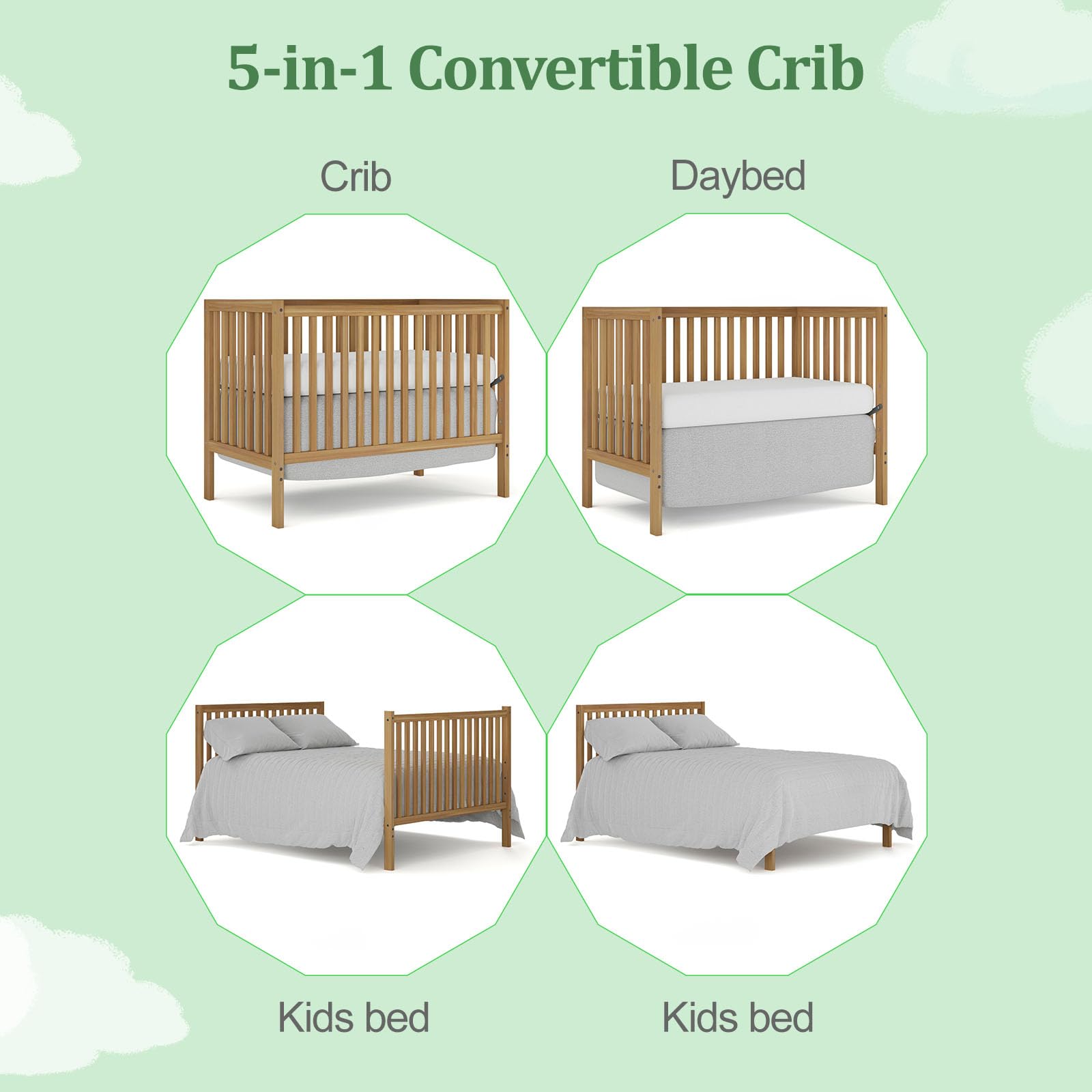 5-in-1 Convertible Baby Crib to Toddler Bed & Full Size Bed Frame - Natural Wood Nursery Furniture for Newborns & Kids (Mattress Not Included) | Perfect for Nursery, Bedroom & Daycare Centers