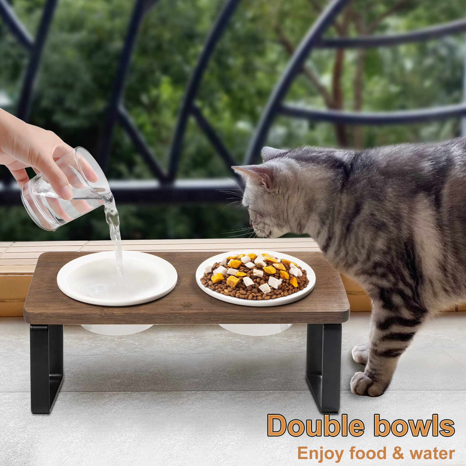 Sunhoo Elevated Cat Bowls with Bamboo Stand - 5.5 Inch Wide Double Dish for Food and Water - Anti-Vomiting & Orthopedic Design - Perfect for Indoor Pets (Brown) - Ideal for Small Dogs and Cats with Digestion Issues
