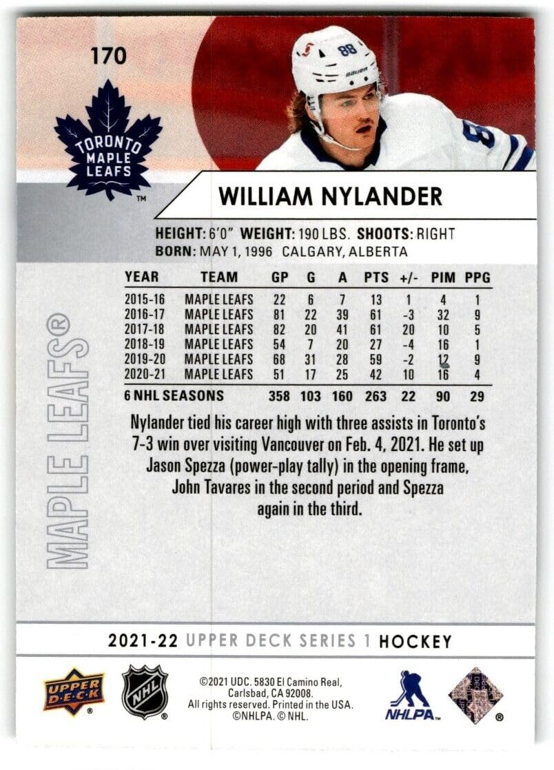 2021-22 Upper Deck Hockey #170 William Nylander Toronto Maple Leafs NHL Trading Card - Perfect for Collectors, Fans & Sports Memorabilia Enthusiasts