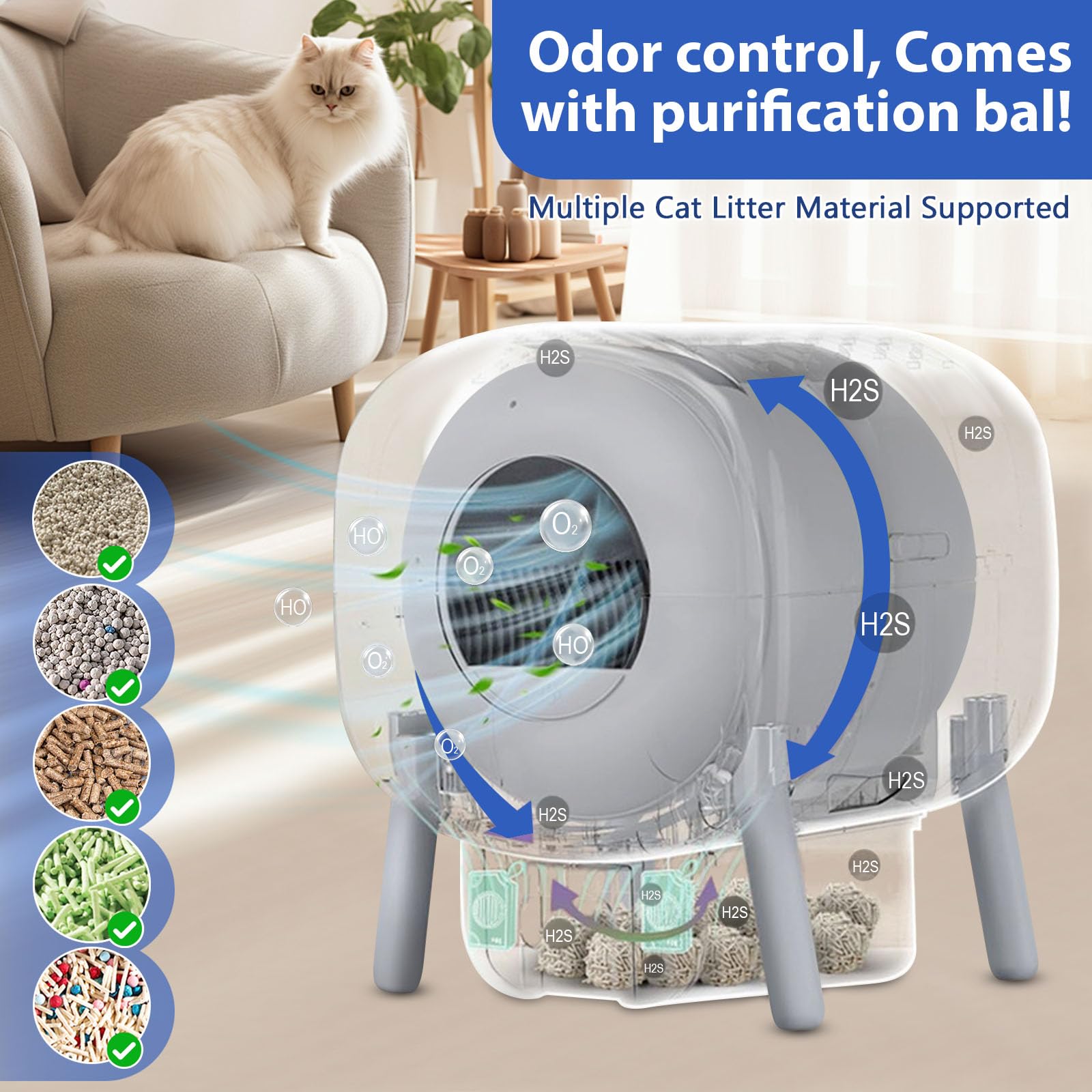 Self Cleaning Cat Litter Box - 95L Automatic Litter Box for Multiple Cats with APP Control & Odor-Free Waste Disposal (Includes Trash Bags) - Perfect for Busy Pet Owners & Multi-Cat Households