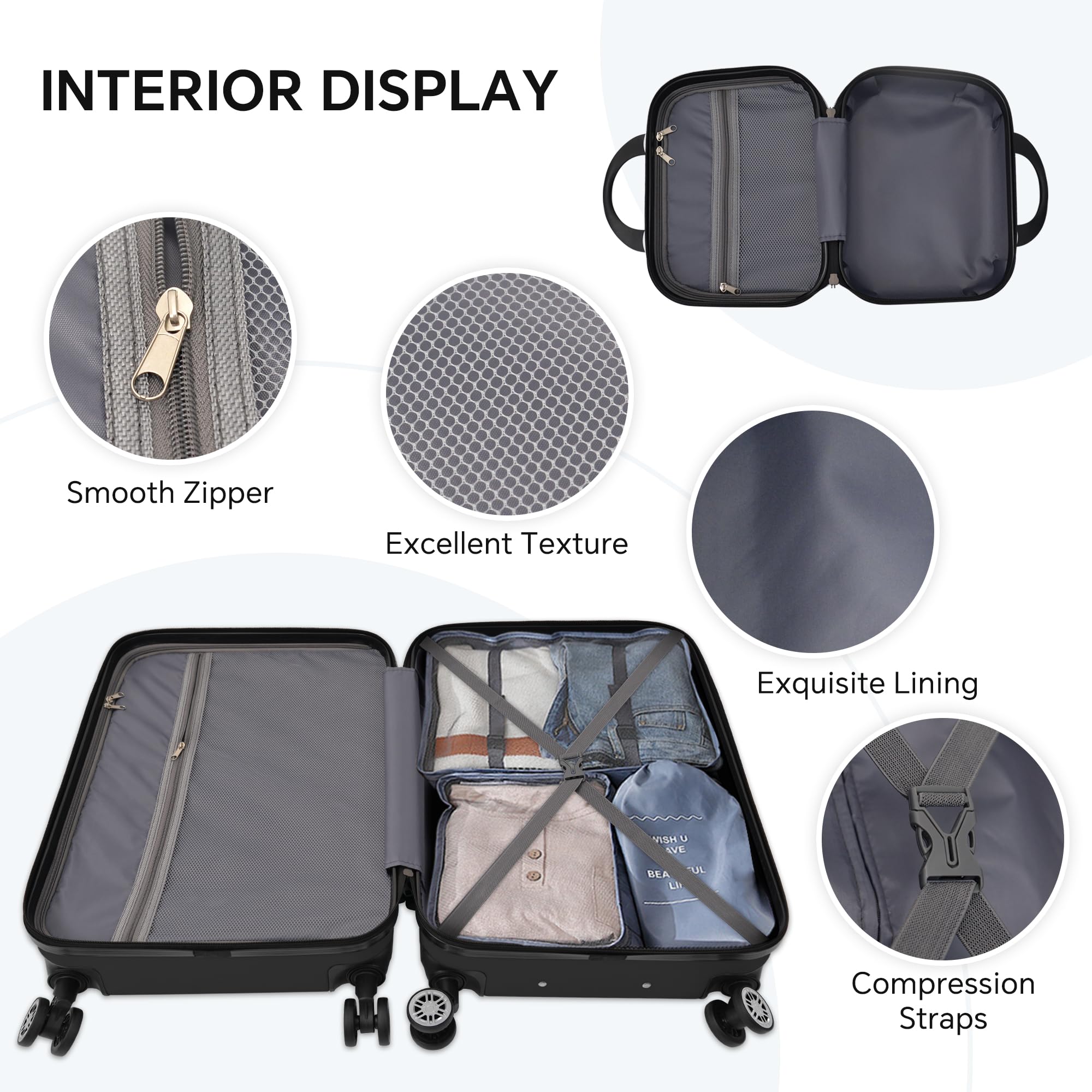HOUAGI 4-Piece Hardside Luggage Set with Spinner Wheels & TSA Locks - Lightweight Suitcases for Men & Women (12in, 20in, 24in, 28in) Black - Perfect for Travel, Business Trips & Vacations