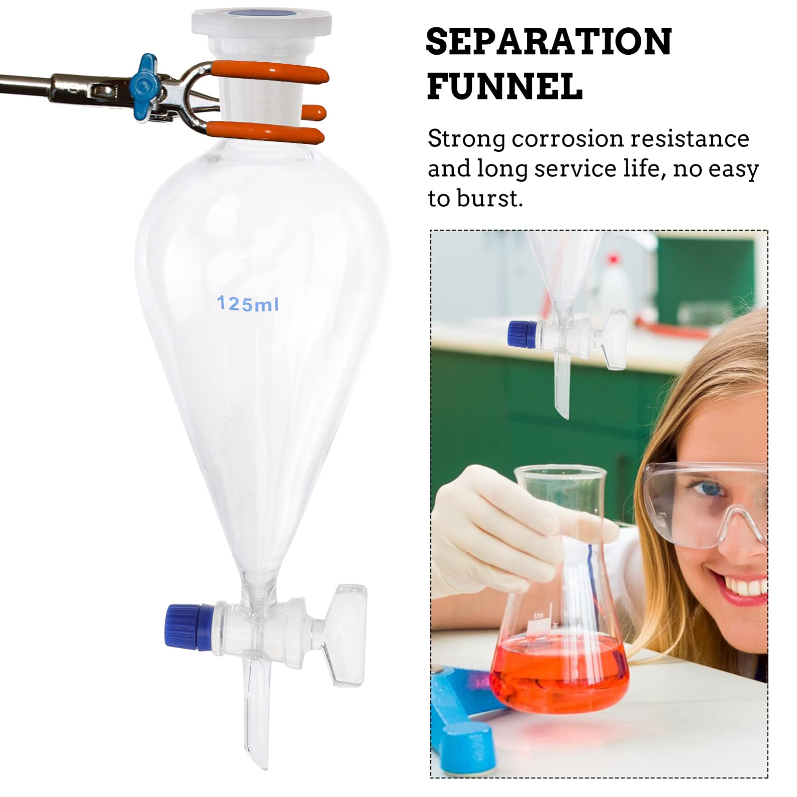 Premium Borosilicate Glass Pear-Shaped Separatory Funnel 125ml - Heavy Wall Conical Design for Precise Liquid Separation - Ideal for Chemistry Labs, Essential Oil Extraction & Essential Laboratory Accessories - Perfect for Organic Chemistry Experiments & Liquid-Liquid Extraction