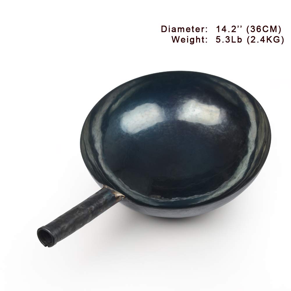 ZhenSanHuan Authentic Chinese Hand-Hammered Carbon Steel Wok Pan - 36cm Seasoned Iron Stir Fry Pan, Non-Stick Natural Finish, Oil-Efficient Cooking - Perfect for Stir-Frying, Sautéing & Asian Cuisine