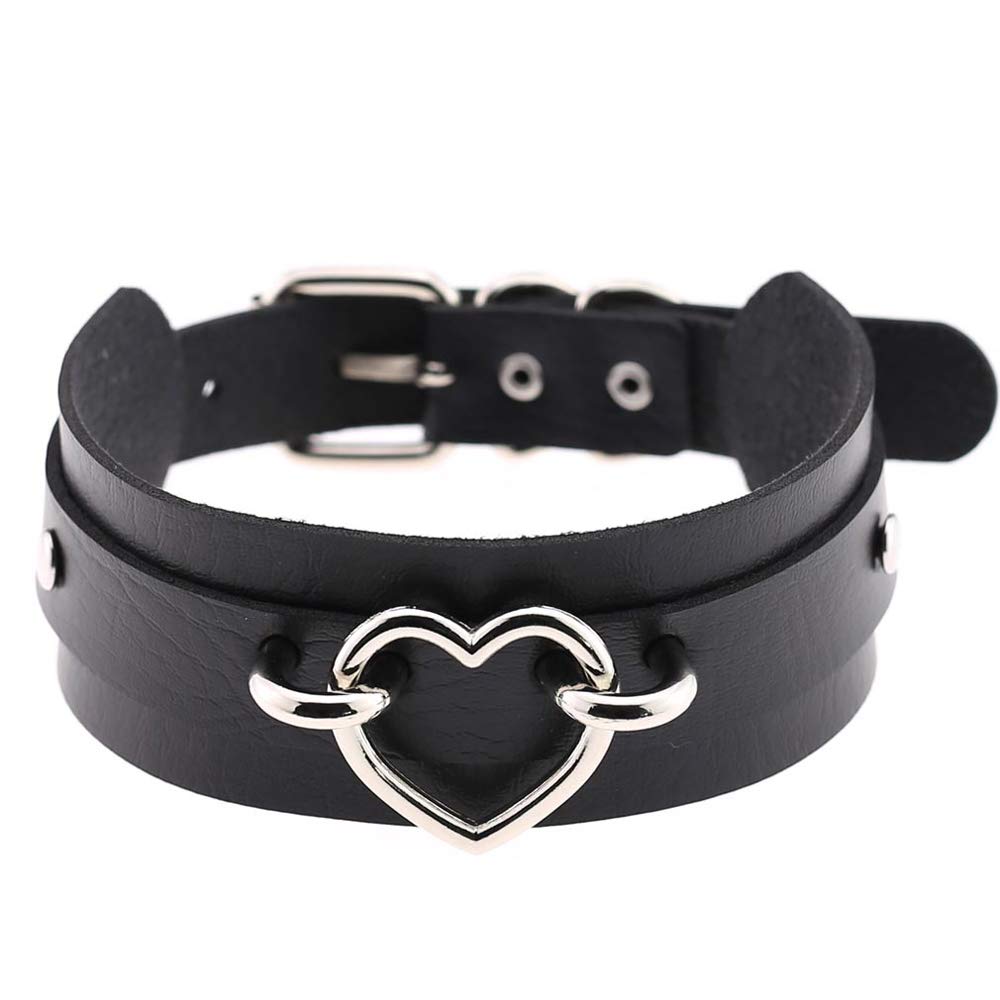 Gothic Jewelry for Women - Punk Rock Adjustable Black PU Leather Choker Necklace with Heart Charm - Gothic Fashion Accessory for Birthday Gifts, Halloween Costume, Cosplay & Alternative Style Outfits