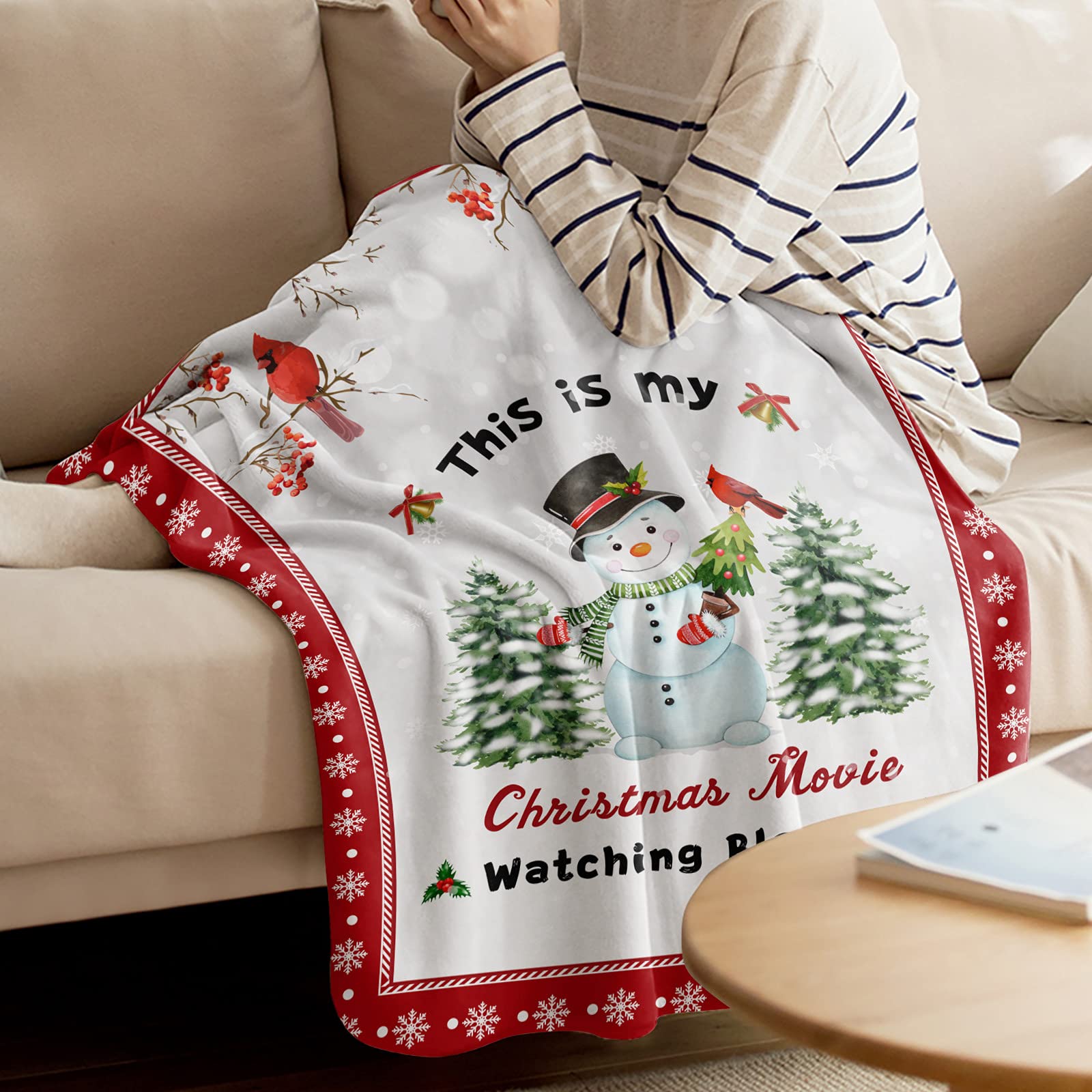 Cozy Flannel Fleece Throw Blanket - 39x59 Inch Soft Christmas Blanket with Snowman & Pine Tree Design - Warm Holiday Decorative Blanket for Bed, Sofa & Couch - Perfect for Winter Nights, Gift Giving & Festive Home Decor