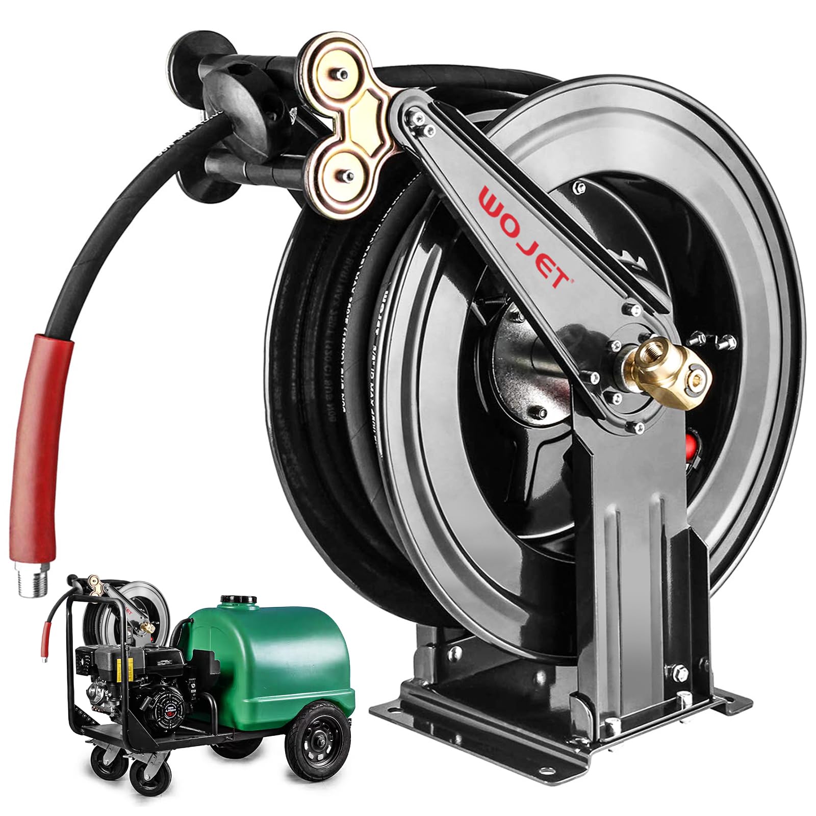 **50 ft x 3/8 in Heavy Duty Steel Pressure Washer Hose Reel - Retractable for Water, Air & Oil - Dual Arm Auto Rewind, Max 4000PSI (Hose Not Included) - Perfect for Car Washing, Home Cleaning & Industrial Use**