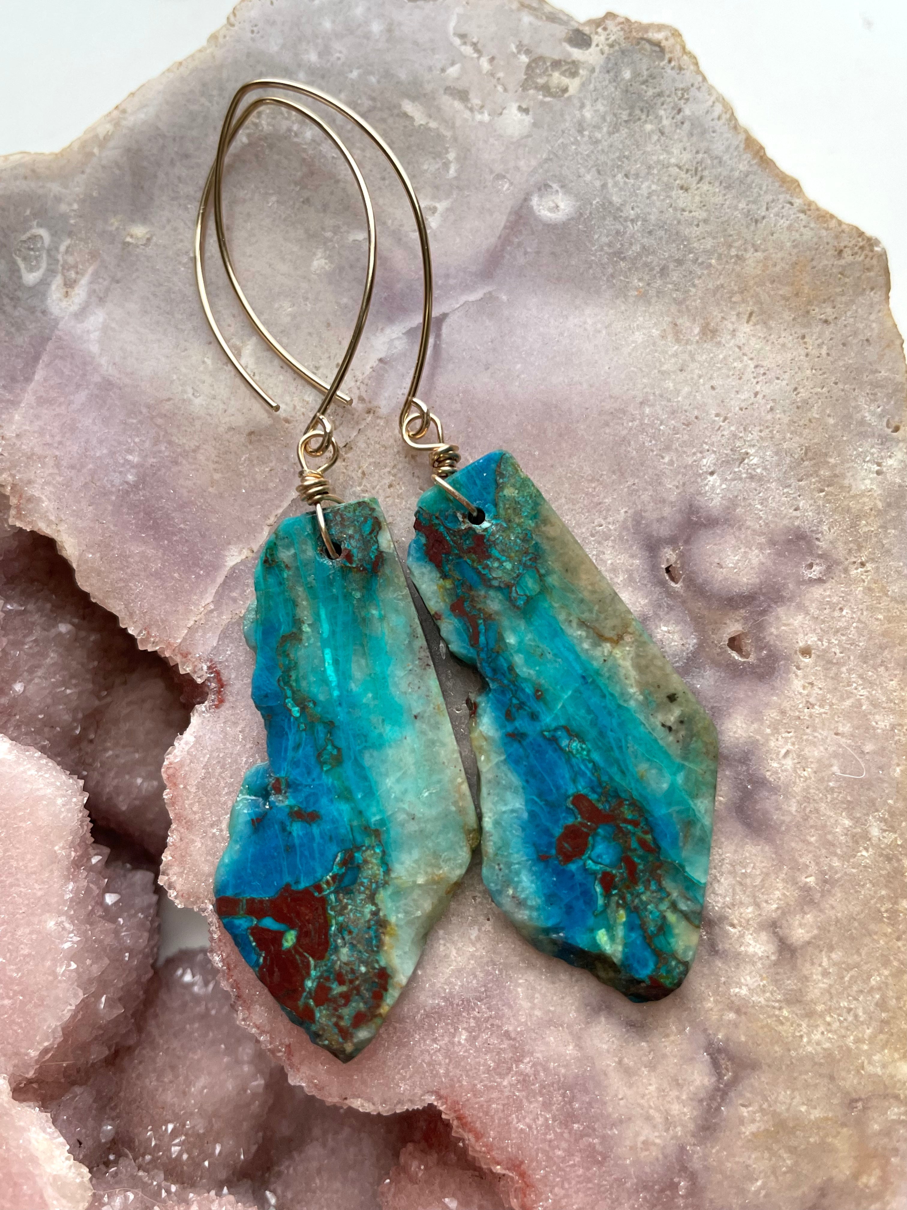 Chrysocolla Gold Filled Statement Crystal Gemstone Earrings for Women | Elegant Bohemian Jewelry | Perfect for Parties, Weddings & Special Occasions