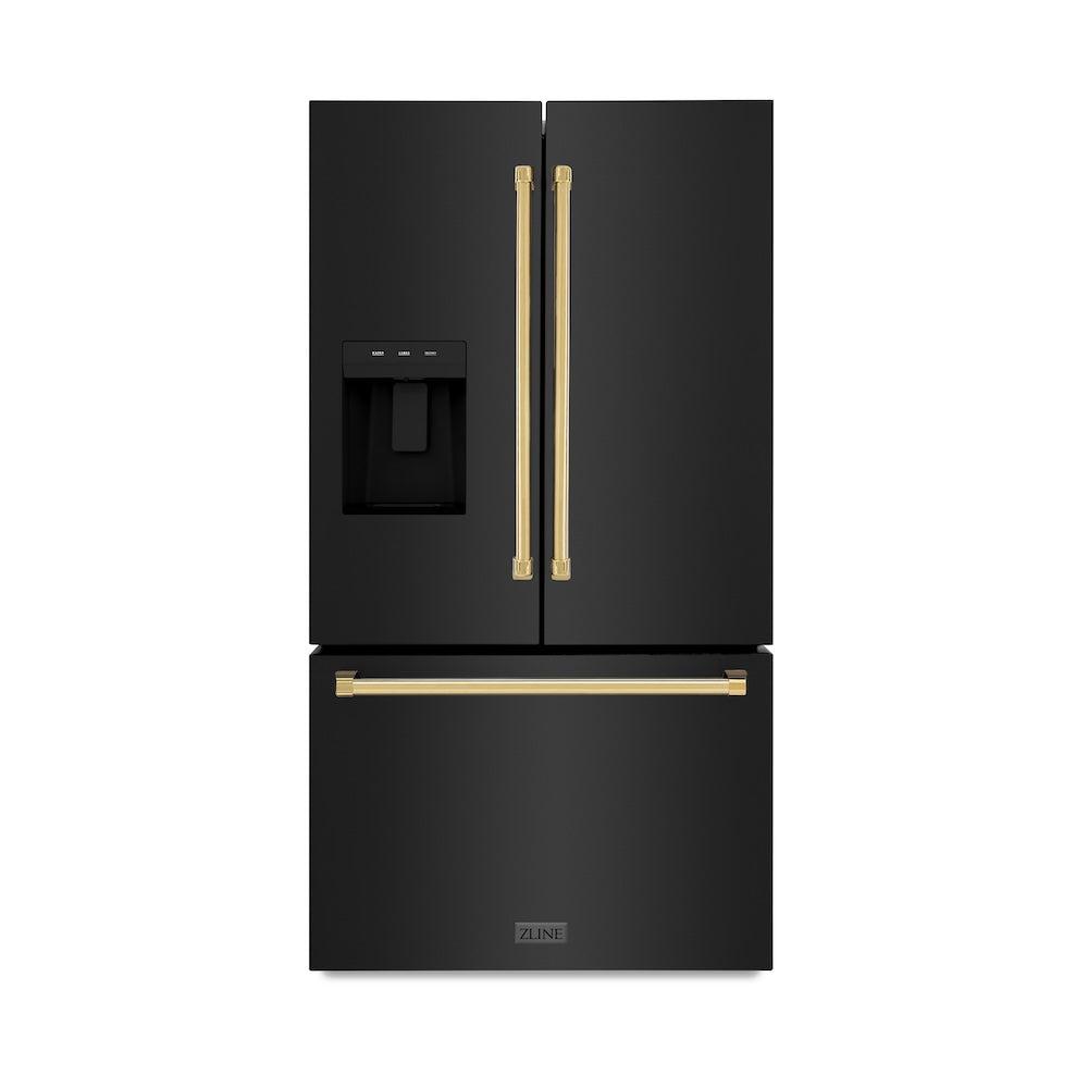 ZLINE Autograph Edition 36 Inch French Door Refrigerator - 28.9 cu ft Capacity, External Water Dispenser, Dual Ice Maker, Fingerprint Resistant Black Stainless Steel with Polished Gold Handles (RSMZ W 36 BS G) - Perfect for Modern Kitchens, Entertaining & Large Family Storage
