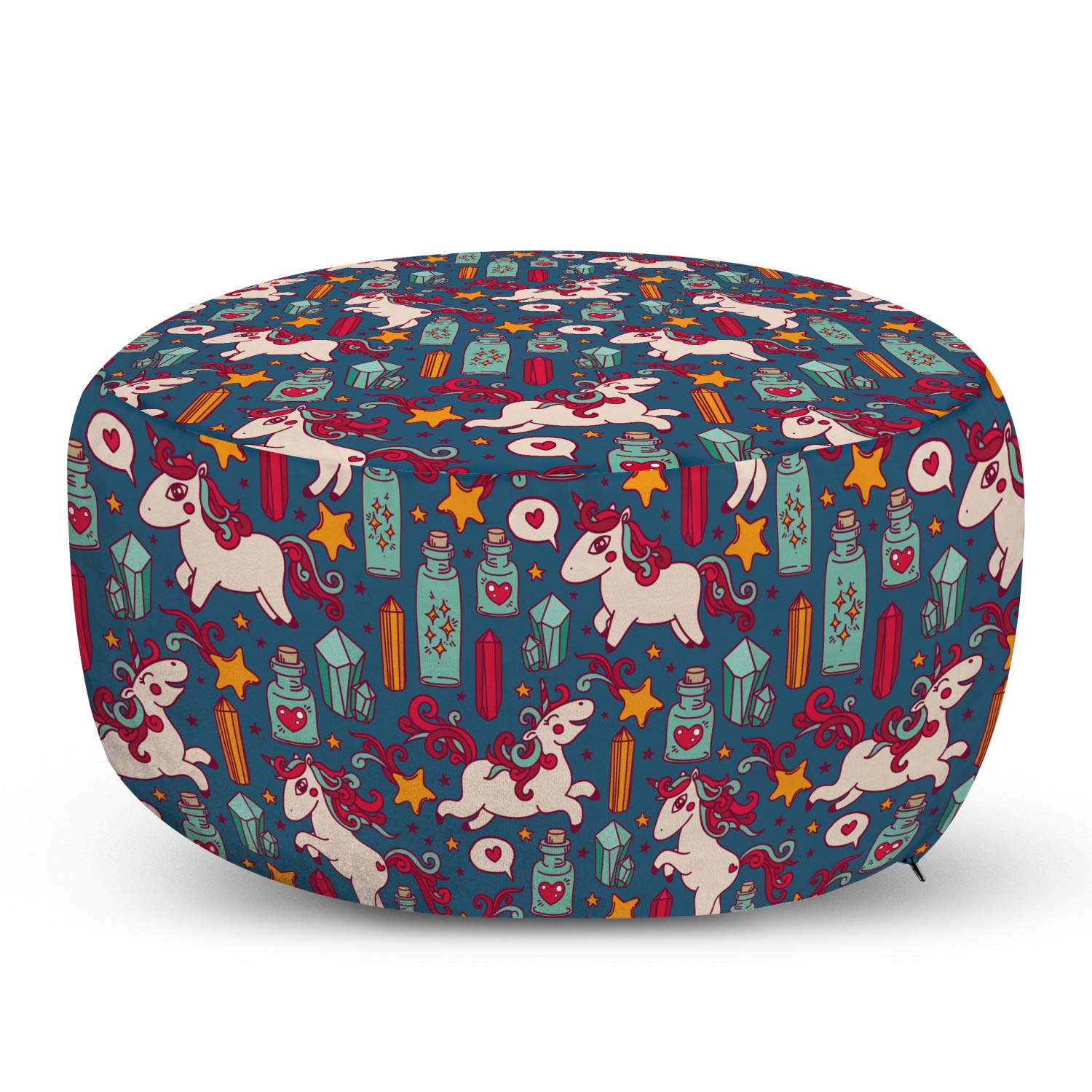 Ambesonne Unicorn Ottoman Pouf - Magic Cartoon Design with Stars, Hearts & Rainbows - Soft Foot Rest with Removable Cover for Living Room & Bedroom - Multicolor Doodle Style Decor - Perfect for Kids' Room, Nursery or Fantasy-Themed Spaces