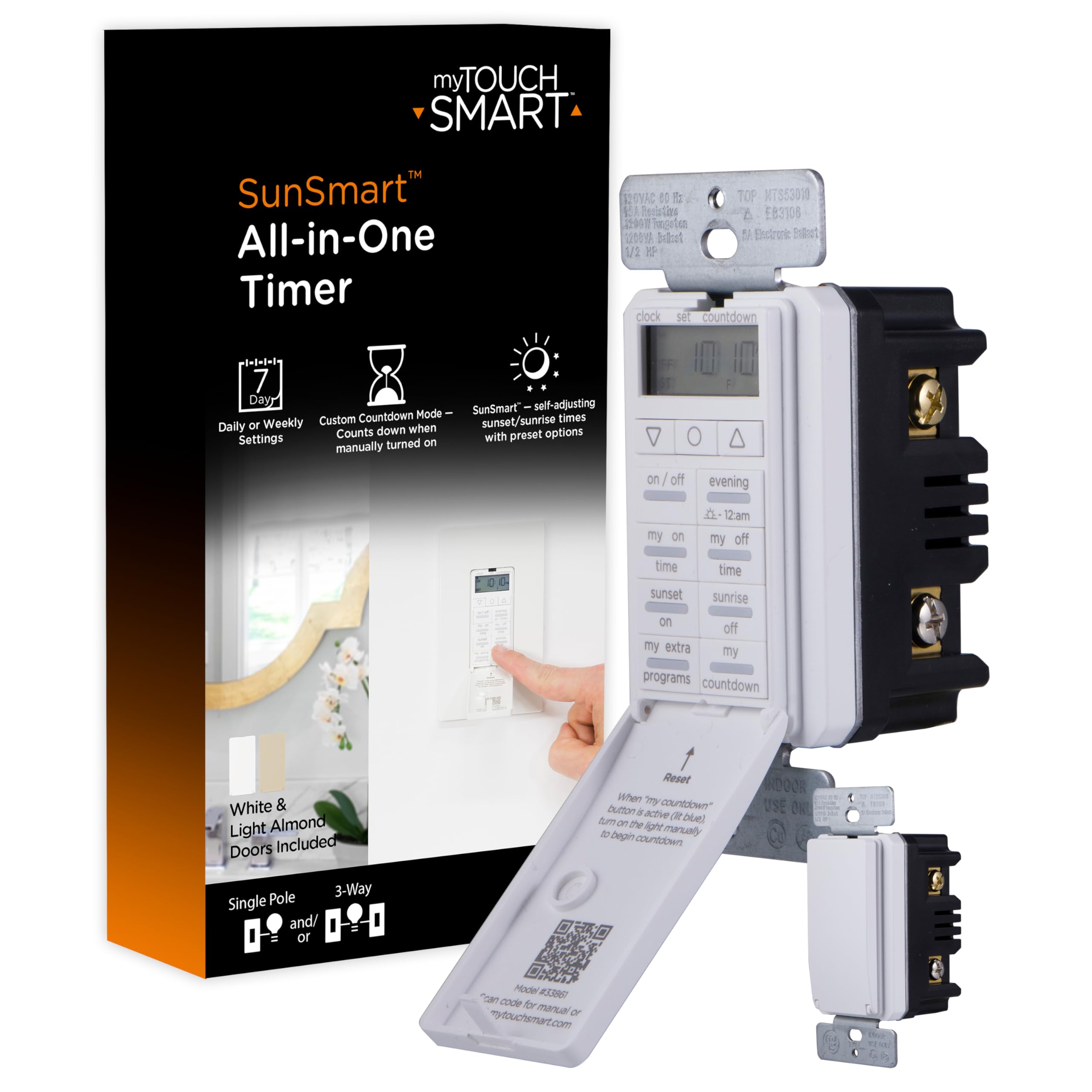 myTouchSmart 33861 LE In-Wall Digital Timer with Push Button Switch - Backlit LED Display, 8 Custom On/Off Settings, Countdown & Daily/Weekly Modes - Perfect for Home Automation, Lighting Control & Energy Saving