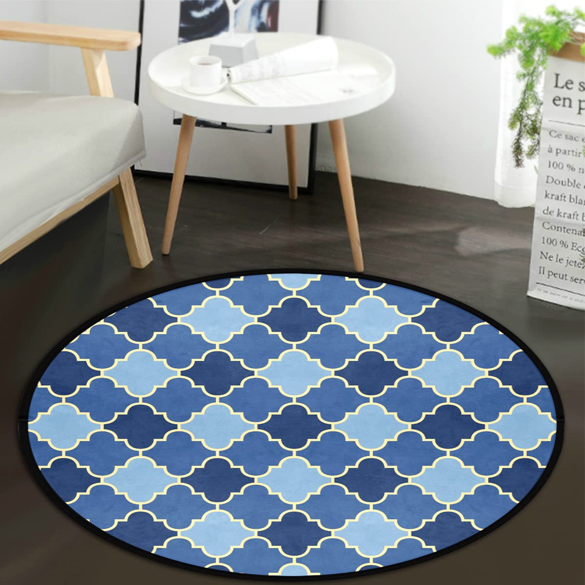 Non-Slip Moroccan Round Area Rug - 3' Diameter Blue Boho Floor Mat for Living Room, Bedroom & Nursery | Soft & Durable Home Decor for Cozy Spaces