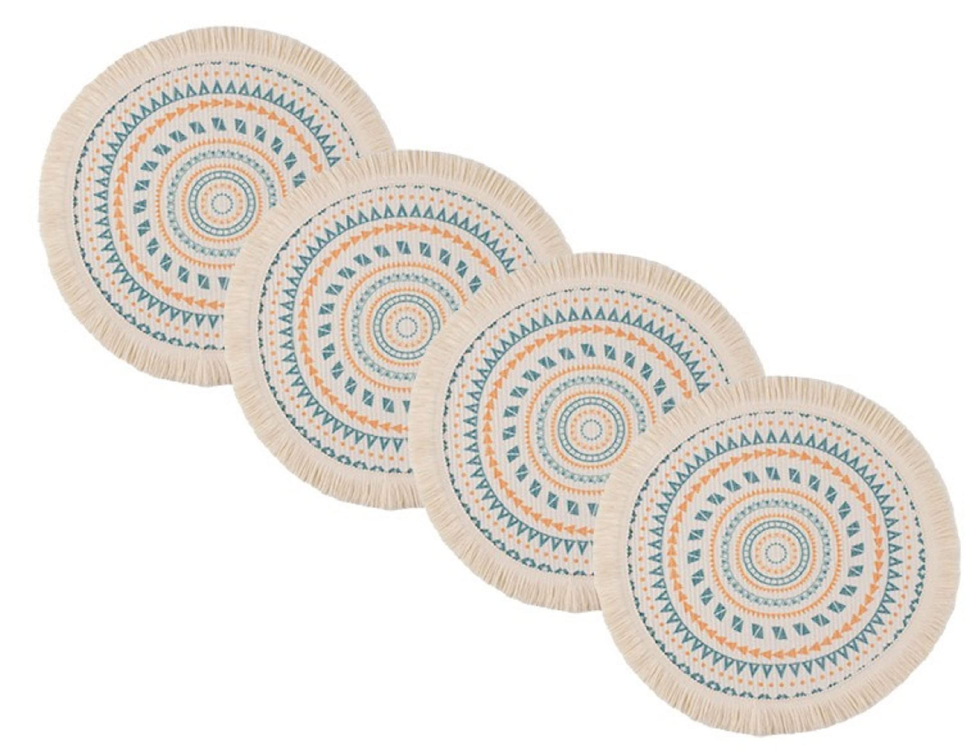 LEVIMETREE Round Placemats Set of 4 - 13 Inch Boho Tassel Moroccan Table Mats, Heat Resistant & Non-Slip Washable Kitchen Dining Mats for Farmhouse, Modern & Boho Decor (Orange & Blue) - Perfect for Dinner Parties, Daily Meals & Home Decor