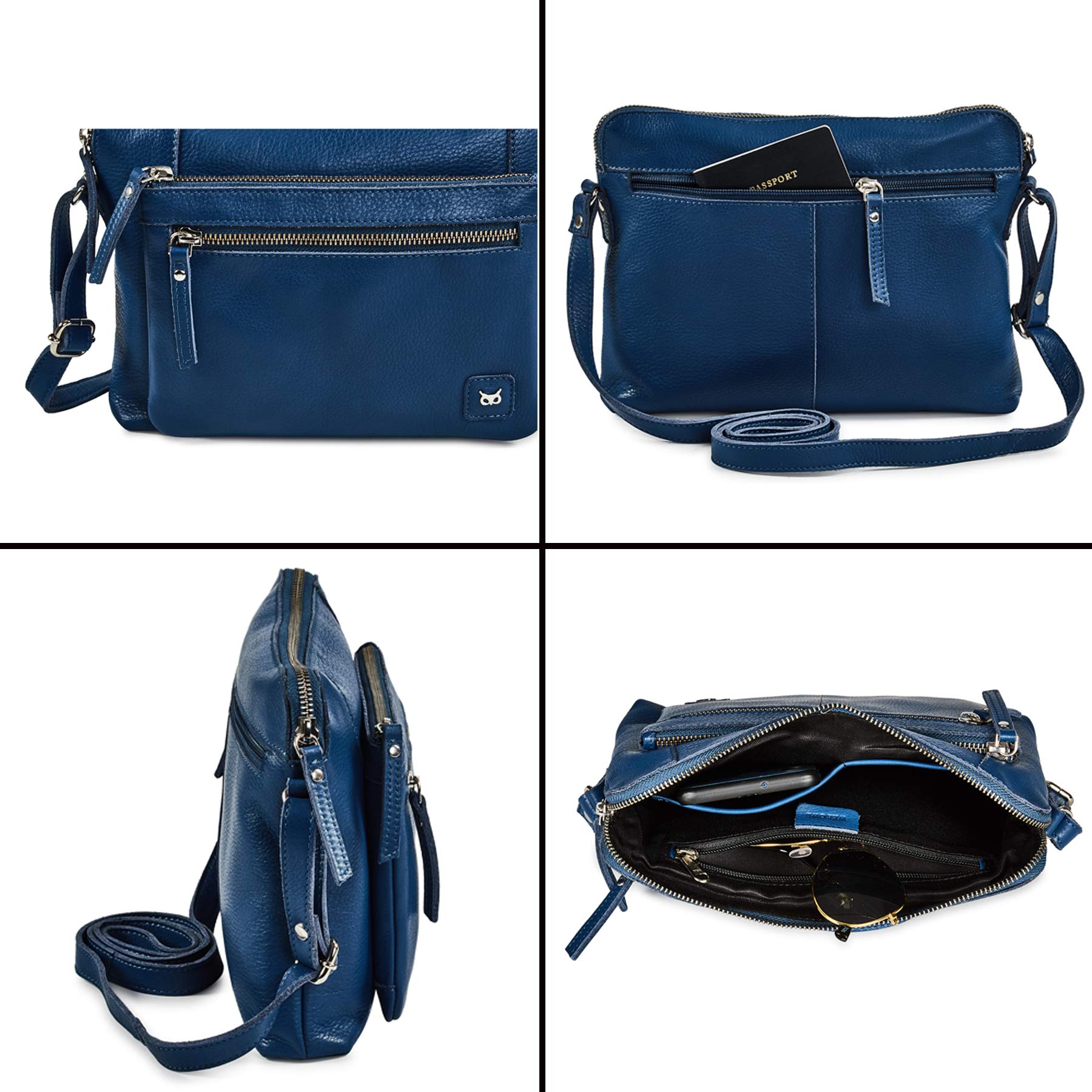 Wise Owl Women's Premium Triple Zip Crossbody Bag - Soft Pebbled Genuine Leather Sling Shoulder Purse for Everyday Use, Travel & Work (Sapphire Blue Nappa Leather) - Perfect Gift for Her