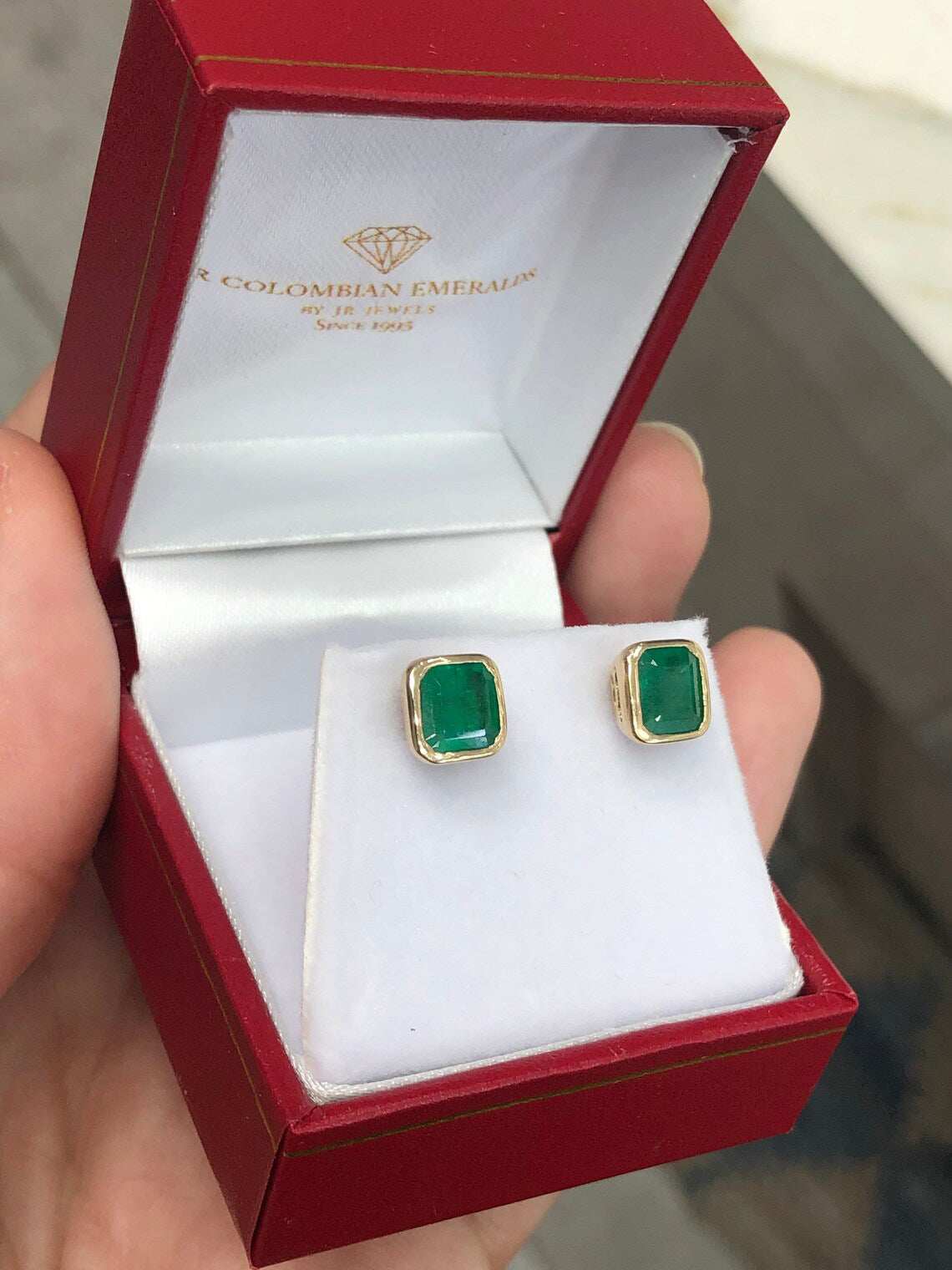 2.20tcw Asscher Cut Natural Dark Green Emerald Earrings - 14K Gold Bezel Set for Women | Perfect for Weddings, Parties & Special Occasions