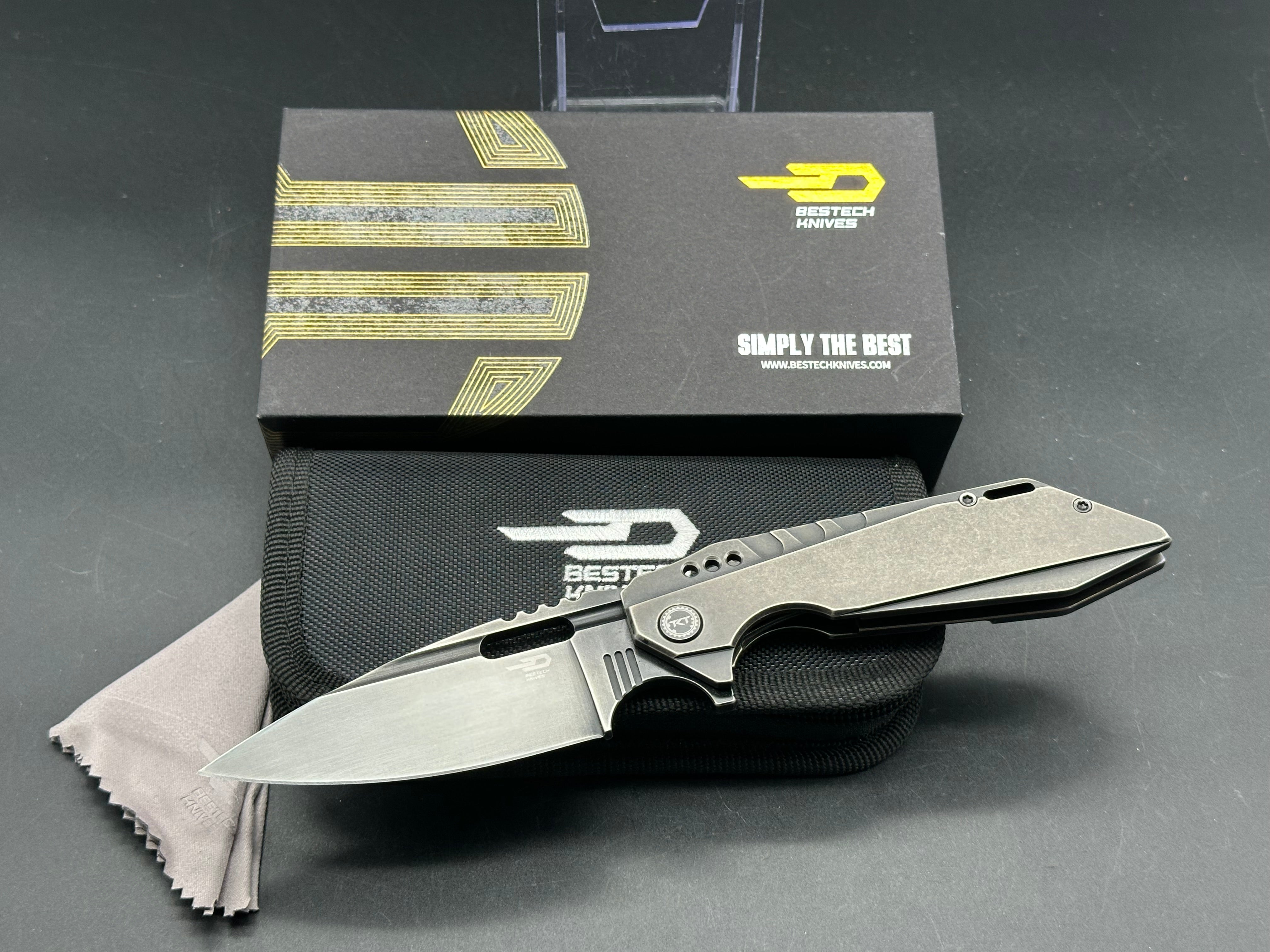 Bestech & TKT Shodan Folding Knife - Antique Dark Bronze Stonewash Titanium Handle - EDC Pocket Knife for Outdoor Camping, Hiking & Everyday Carry