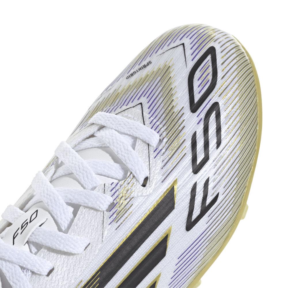 Adidas F50 League FG/MG Junior Football Cleats for Kids - White/Black/Metallic Gold Soccer Shoes | Perfect for Youth Training & Matches on Firm Ground & Artificial Turf