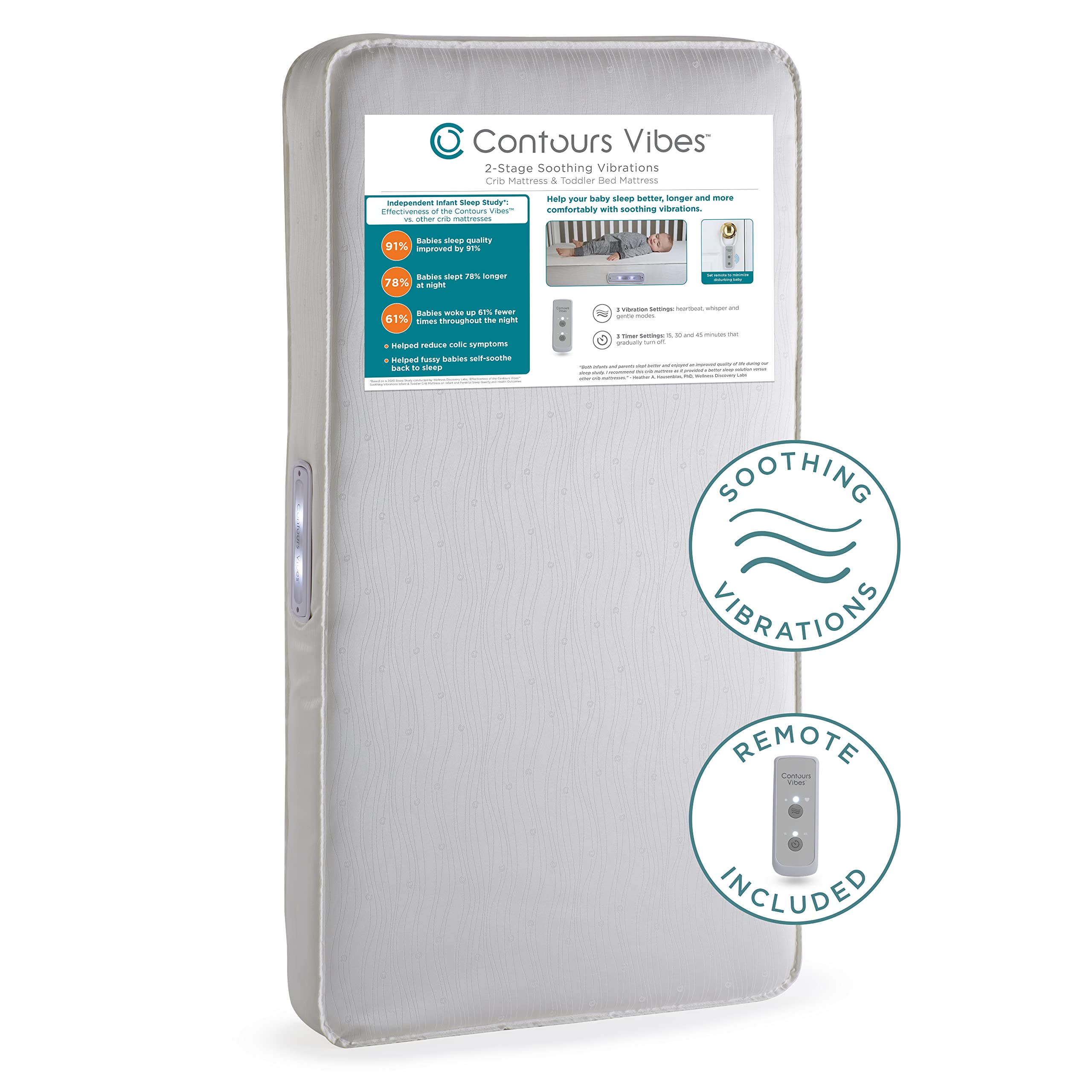 Contours Vibes 2-Stage Waterproof Baby Crib Mattress with Soothing Vibrations - Breathable, GREENGUARD Gold Certified, Safety Tested, Made in USA (52
