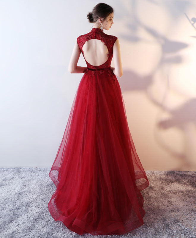 Elegant Burgundy Lace Tulle Long Prom Dress for Women - Formal Evening Gown for Homecoming, Wedding Guest & Special Occasions