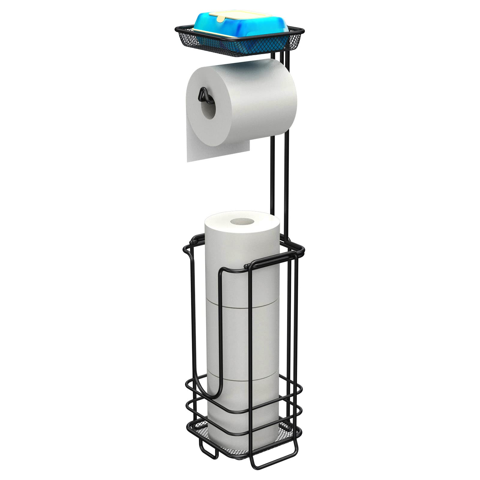 Free Standing Toilet Paper Holder Stand with Shelf - Bathroom Tissue Roll Dispenser - Durable Black Toilet Paper Organizer for Home, RV & Office Use