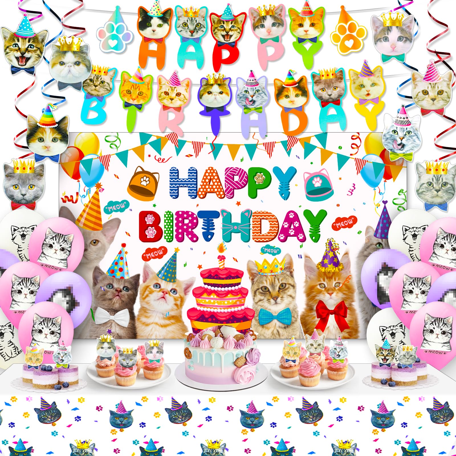 Cat Birthday Party Decorations Set - Includes Backdrop, Banner, Hanging Swirls, Cake Topper & Tablecloth for Kitten Themed Celebrations | Perfect for Girl's Birthday, Kitty Shower & Pet Lover Events