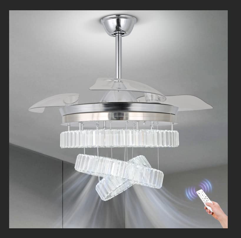 CXGLEAMING 42-Inch Modern Crystal Ceiling Fan with LED Lights & Dimmable Chandelier - 3 Ring Crystal Fandelier, 6-Speed Flush Mount Fan for Living Room, Bedroom, Dining Room - Perfect for Home Decor & Air Circulation
