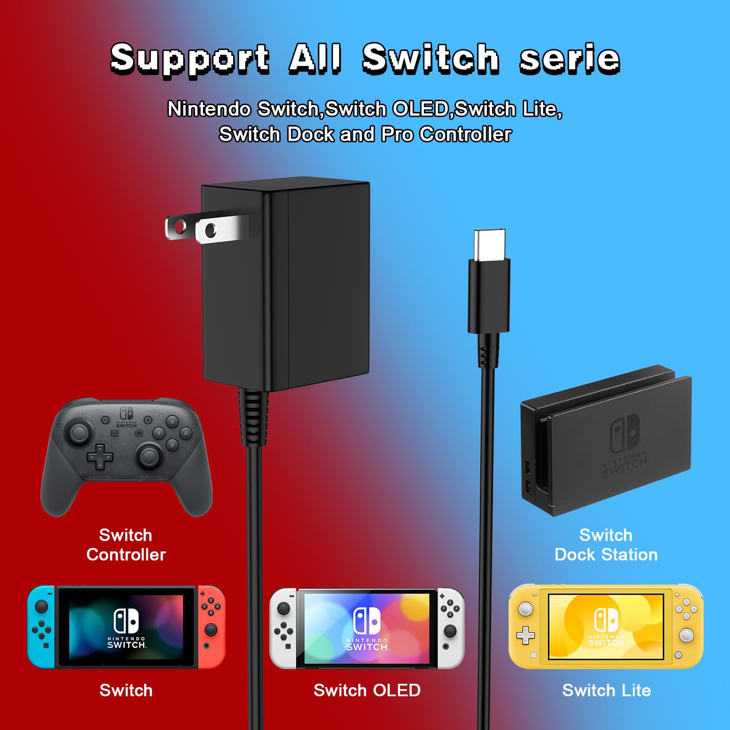 39W Fast Charger for Nintendo Switch & Switch Lite/OLED - 15V 2.6A AC Power Adapter with 5FT USB-C Cable - Compatible with Steam Deck Dock & TV Mode - Perfect for Gaming On-The-Go & Home Entertainment Setup