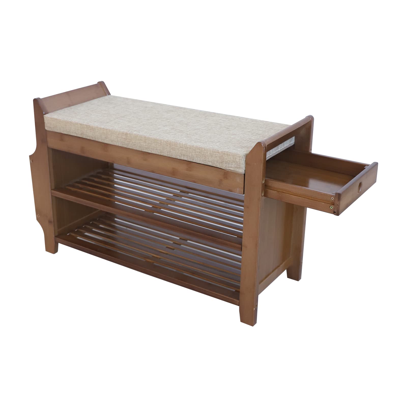 2-Tier Bamboo Shoe Bench with Sponge Cushion & Storage Basket - Holds 6 Pairs of Shoes - Entryway Organizer for Living Room, Hallway & Home Decor - Brown Wooden Shoe Rack for Entry, Bedroom & Closet Storage