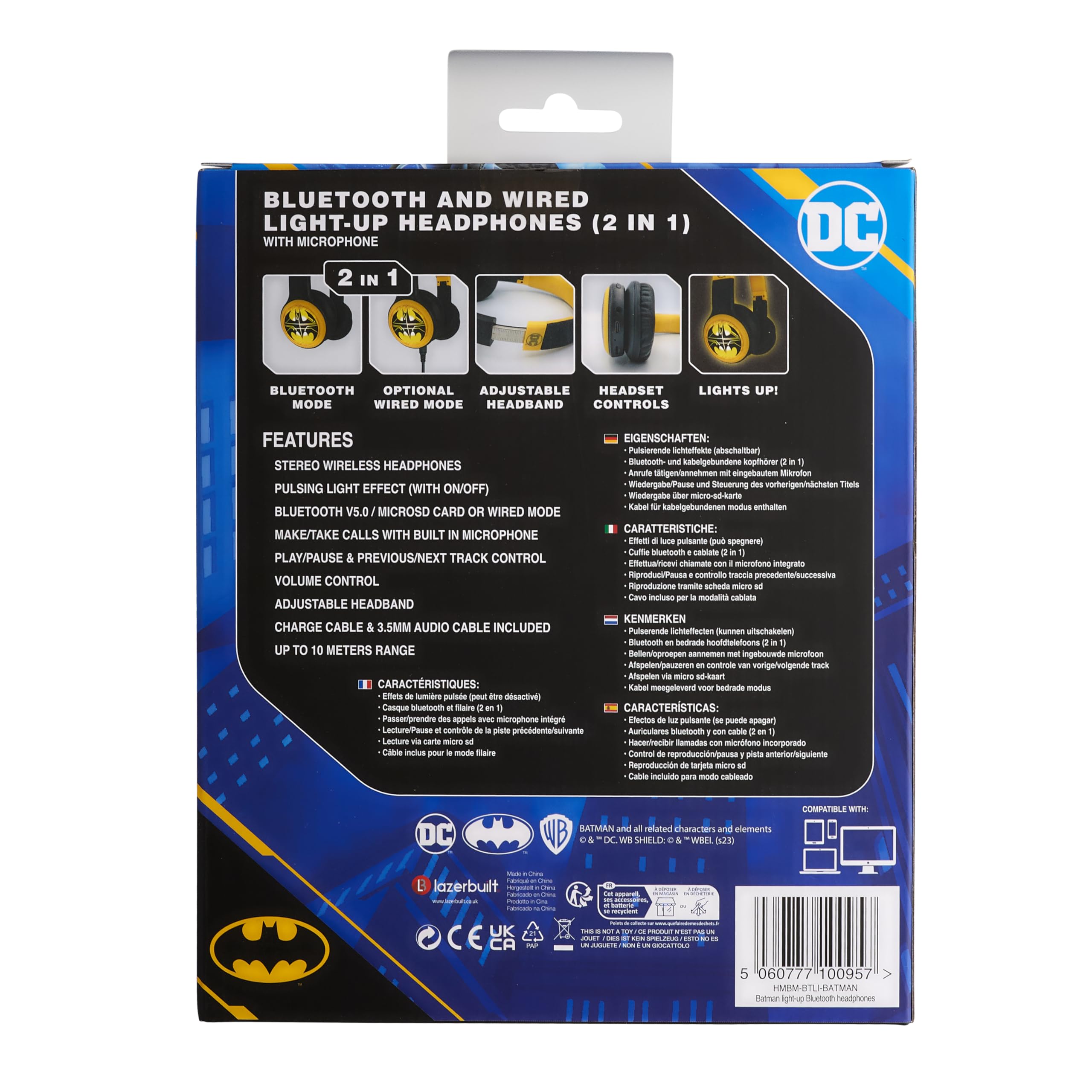 Batman DC Comics Bluetooth & Wired 2-in-1 Light-Up Headphones with Adjustable Headband, Built-in Mic for Calls - Perfect for Gaming, Movies & Superhero Fans
