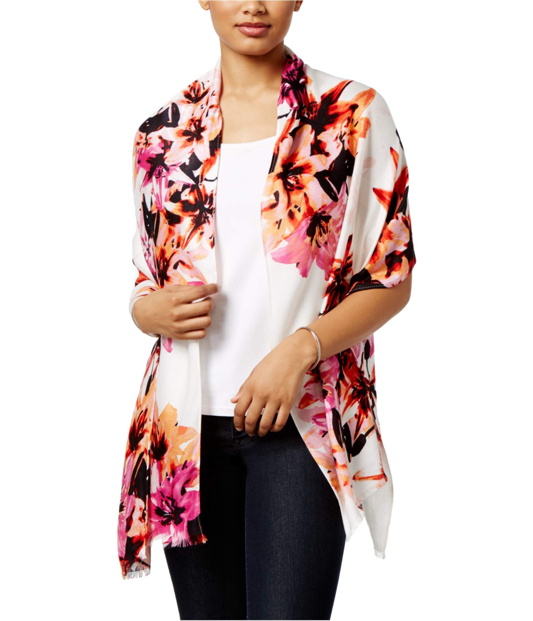 INC Women's Knit Watercolor Floral Print Shawl Wrap - Soft White One Size - Elegant Scarf for Church, Weddings & Special Occasions
