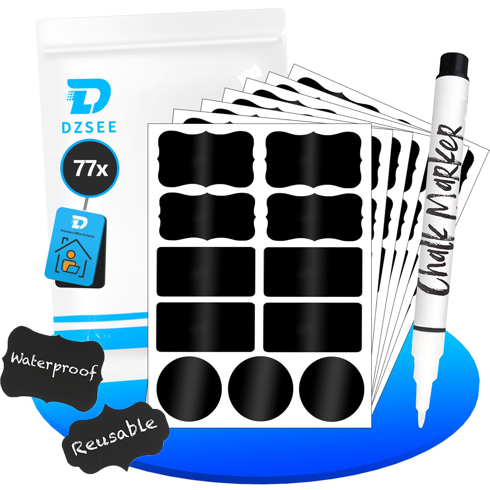 Reusable Waterproof Chalkboard Labels - 77 Pcs Erasable Chalk Sticker Labels with Liquid Chalk Marker for Storage Bins, Food Containers, Jars & Kitchen Organization (3 Shapes, 4 Sizes) - Perfect for Pantry, Office & Classroom Labeling