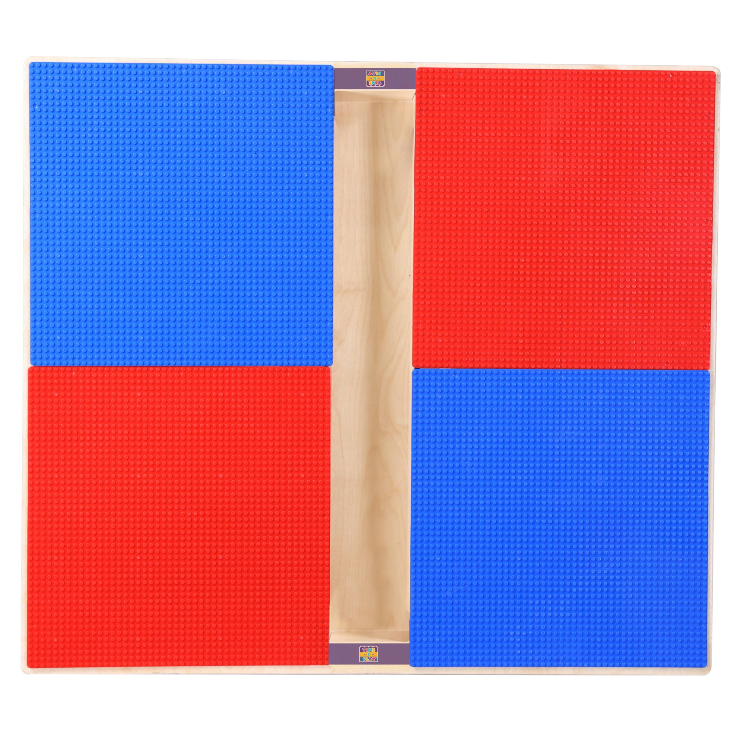 Montessori Lego Compatible Kids Play Table - 35” x 31” Adjustable Height Building Blocks Activity Table with Storage Trough | Solid Birch Plywood Surface | Red & Blue Design for Toddlers 18-29