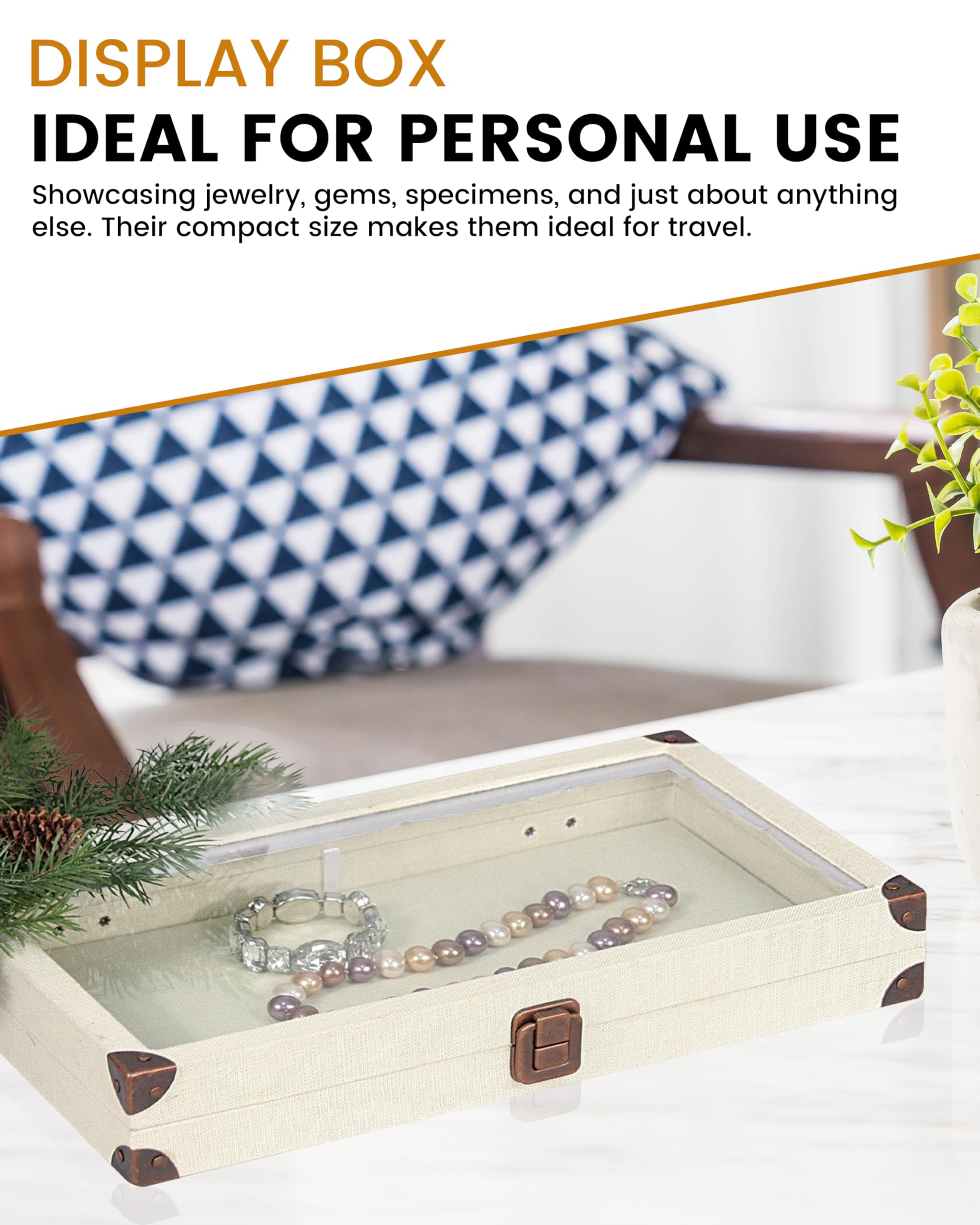 Premium Linen Light Beige Jewelry Display Case with Glass Lid - 14.75x8.25x2.1 Inch Large Collectible Storage Box for Necklaces, Rings & Gemstones - Perfect for Showcasing Jewelry Collections, Rocks & Precious Stones at Home or Retail Stores
