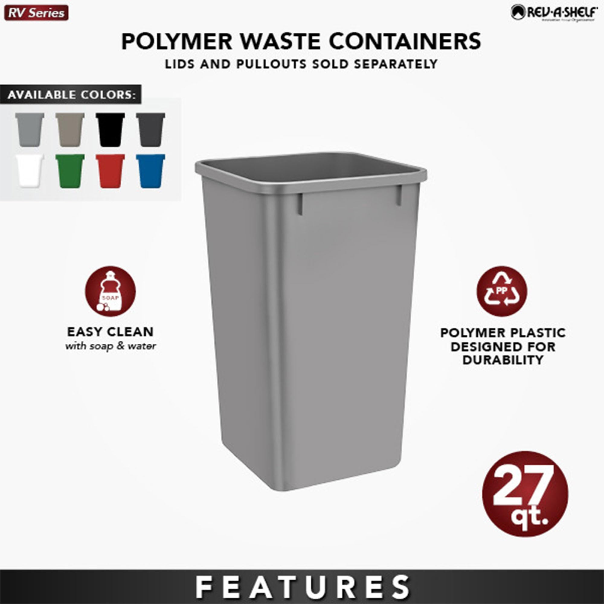 Rev-A-Shelf 27 Quart Polymer Trash Bin & Recycle Waste Container - 2 Pack, Metallic Silver (RV-1024-17-2) | Durable Kitchen Cabinet Pullout Solution for Home, RV & Office Waste Management