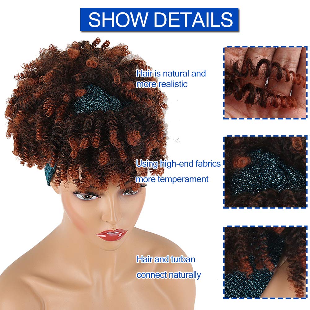Asiaide Short Afro Kinky Curly Wigs for Black Women - Synthetic Headband Wig with Bangs & Attached Turban - Drawstring High Puff Brown Curly Wig for Everyday Wear, Cosplay & Special Occasions