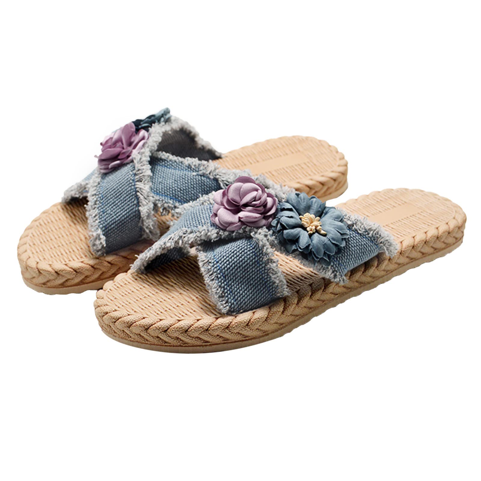 Women's Summer Slippers - Casual Denim & Linen Beach Sandals with Wedge Heel | Comfortable Flat Sandals for Walking, Vacation, Poolside & Outdoor Wear