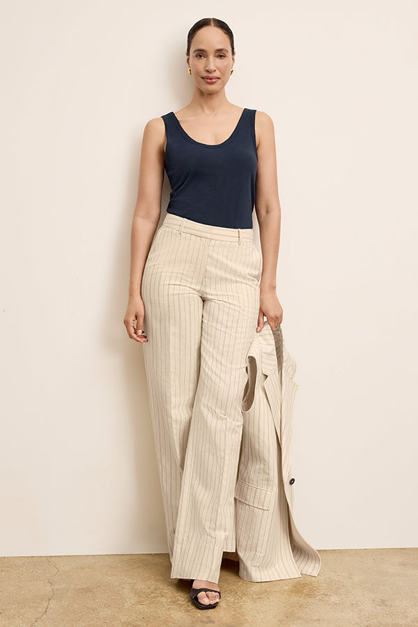 Tinsley Wide Leg Pants for Women - Breeze Stripe Pattern in Ecru & Navy - Comfortable High Waist Trousers for Office, Travel & Casual Wear