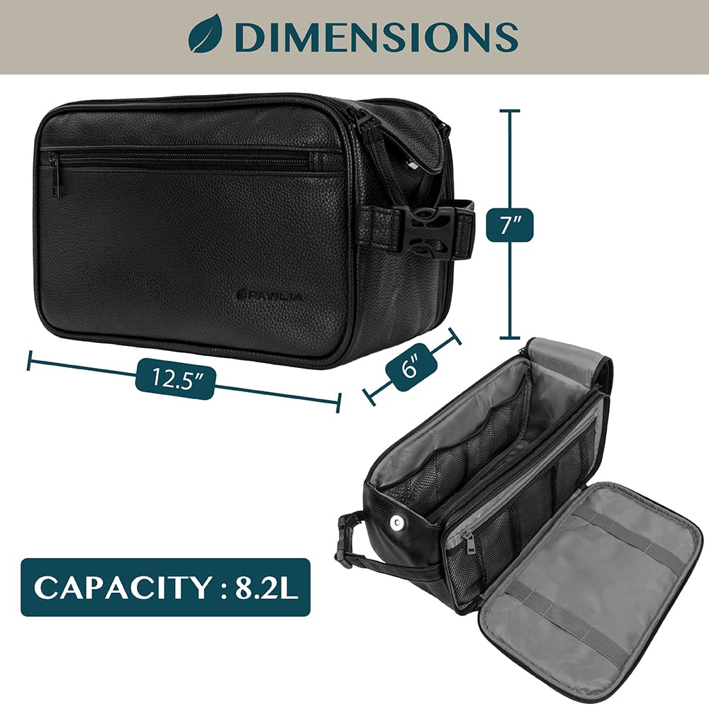 PAVILIA Men's Travel Toiletry Bag - XL Water Resistant PU Leather Dopp Kit for Shaving & Grooming Essentials | Perfect Cosmetic Organizer Case for Business Trips, Camping & Vacation (Black)