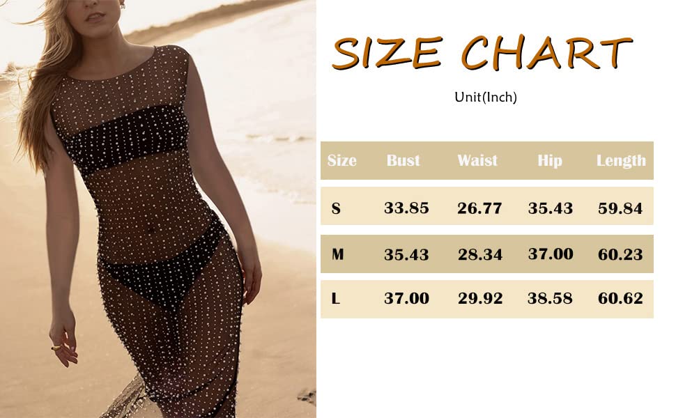 Aelidiya Women's Sleeveless Mesh Swimsuit Cover Up Dress with Pearl Rhinestone Details - Beach Maxi Dress, See Through Bikini Swimwear Cover Up - Perfect for Pool Parties, Vacations & Summer Getaways