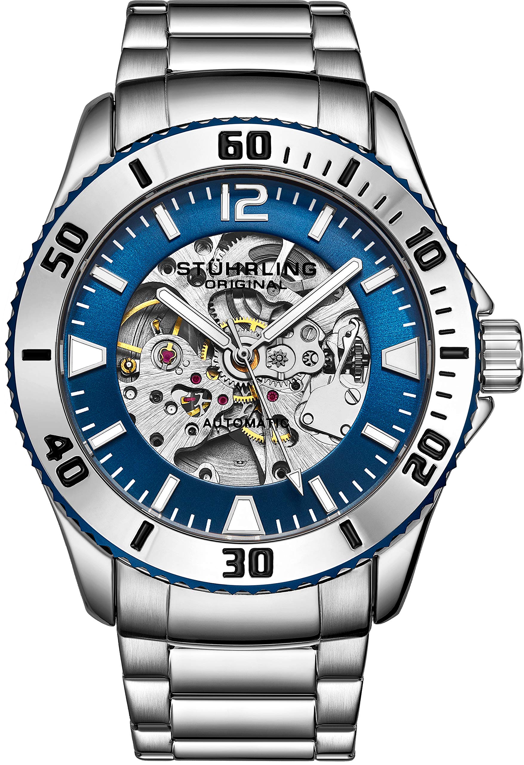 Stuhrling Original Men's Automatic Dive Watch - Stainless Steel Bracelet, Self-Winding Mechanical Watch, Water Resistant to 165FT - Silver Sports Watch for Diving, Swimming & Outdoor Activities