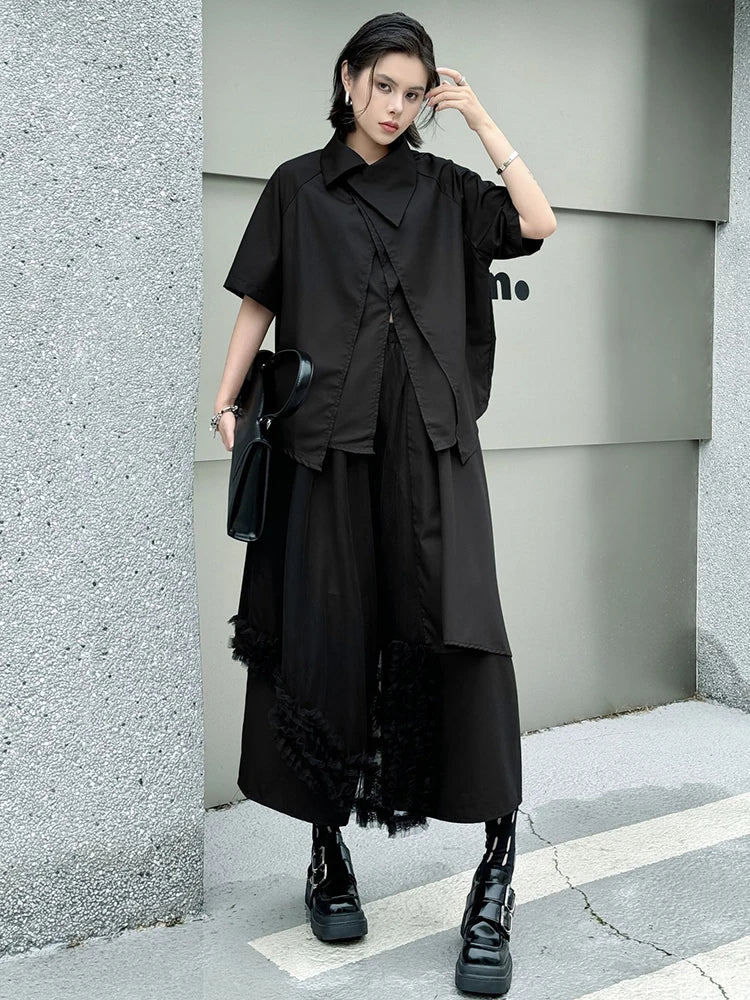 Oversized Black Asymmetrical Mesh Pantsuit Set - Fashionable Lapel Short Sleeve Two Piece Outfit for Women | Spring Summer 2025 Trendy Streetwear | Perfect for Casual Wear, Night Out & Fashion Events
