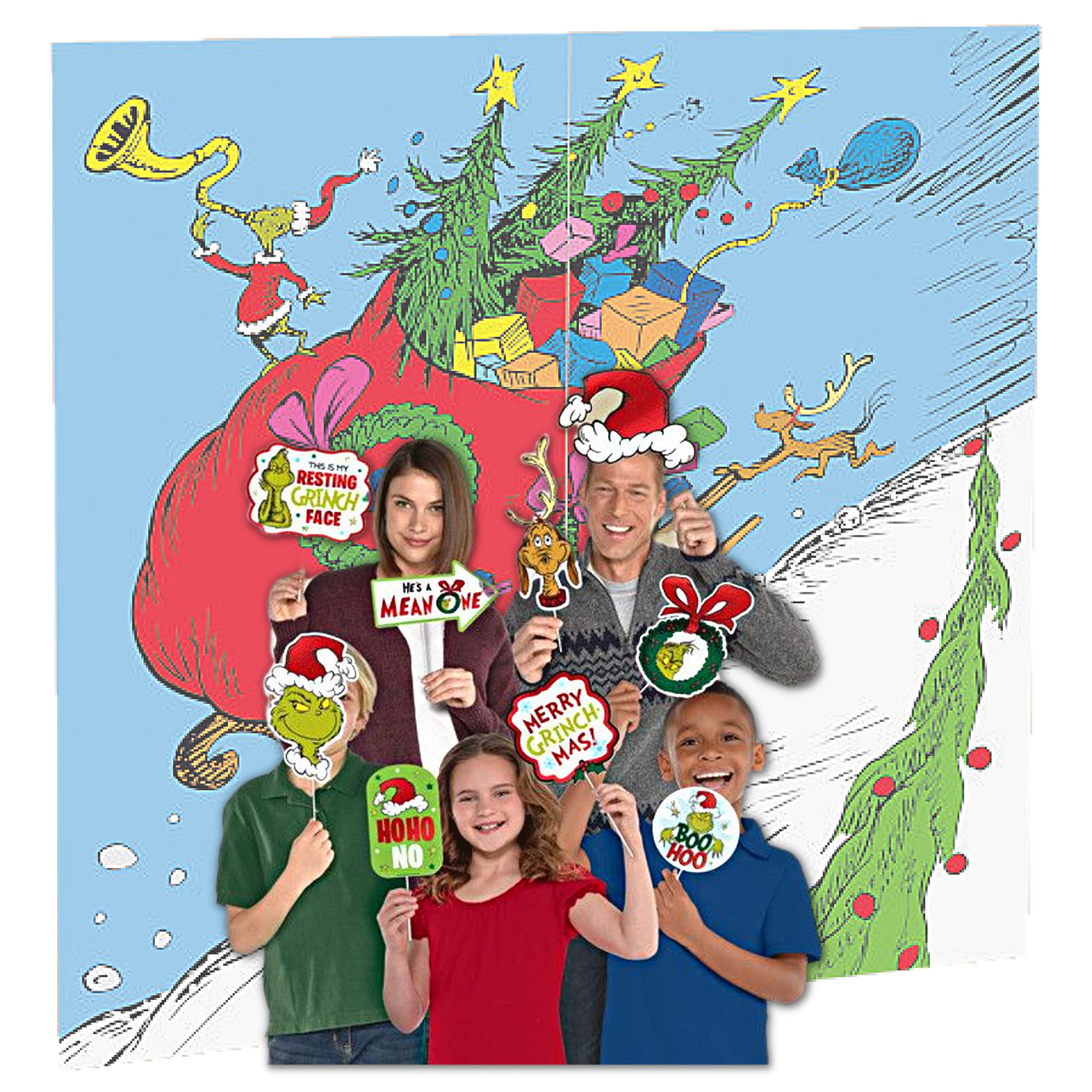Grinch Party Decorations Set - Backdrop, Props & Balloons for Christmas Party Decor