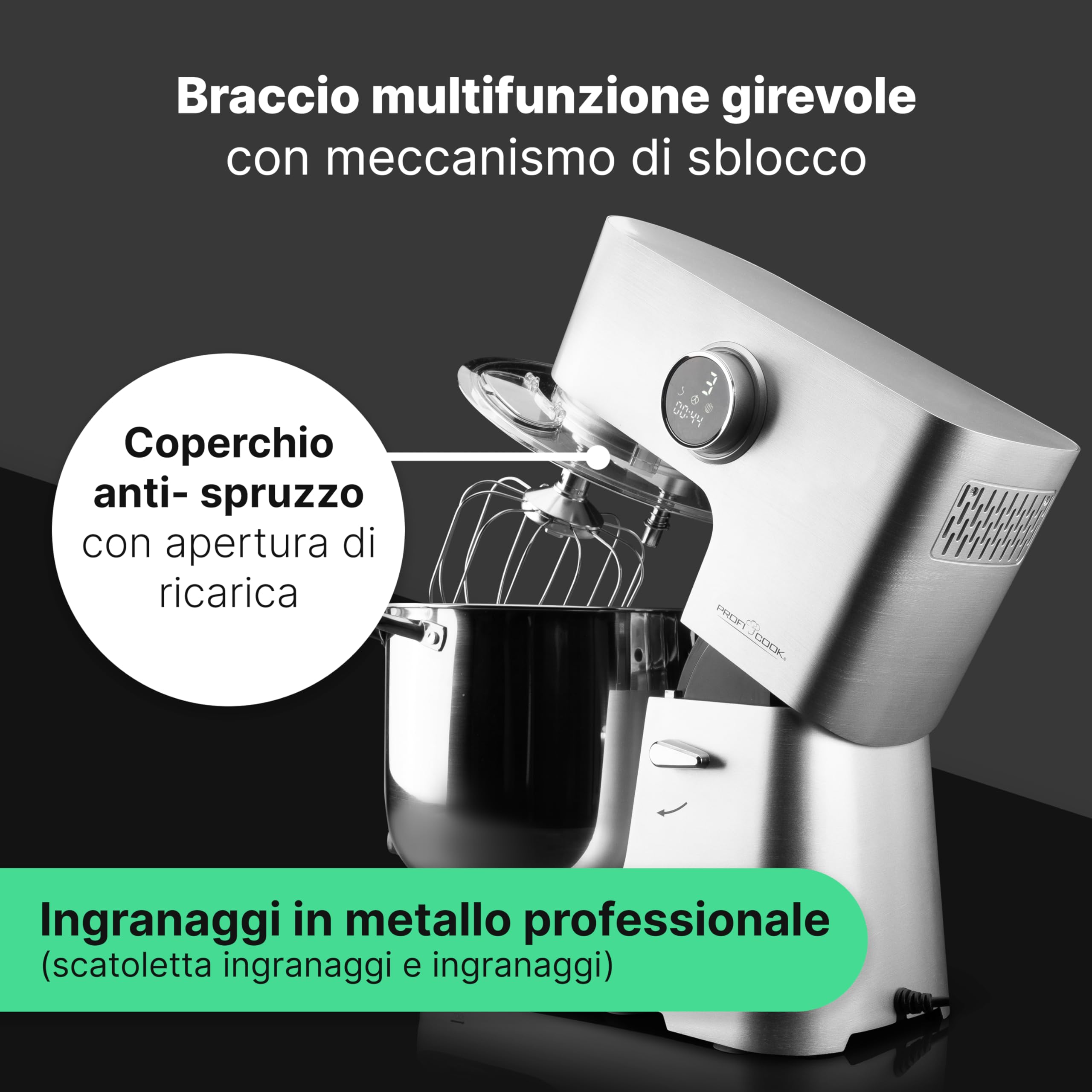 ProfiCook® 12L XXL Stainless Steel Food Processor with 2500W Longlife Motor | Heavy-Duty Dough Mixer with Metal Gears & LED Display | Handles Up to 8.5kg Dough | Perfect for Baking, Pizza Making & Large Batch Cooking (PC KM 1254)