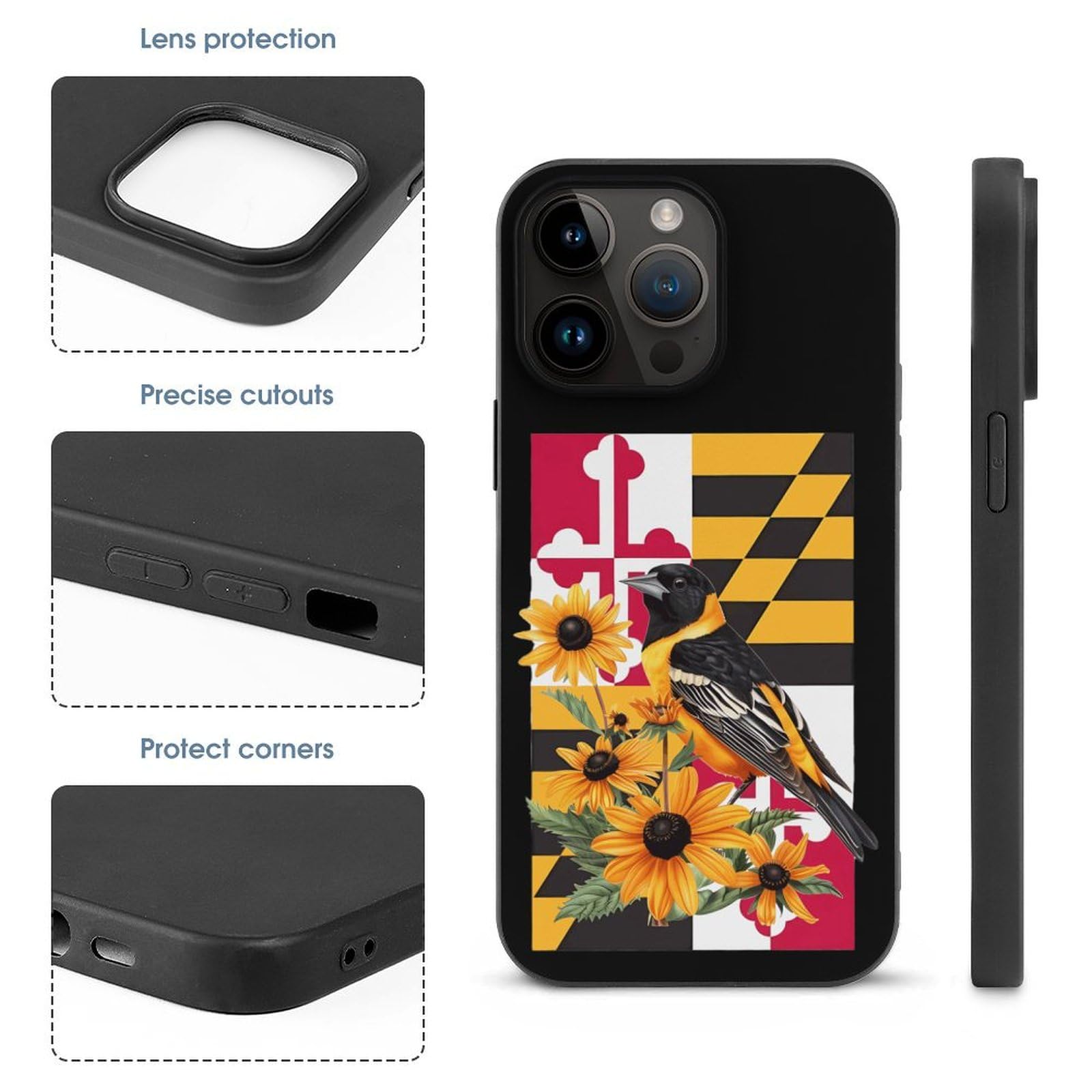 Maryland State Flag & Baltimore Oriole Bird Design Slim Shockproof iPhone 14 Case - Protective Phone Cover for iPhone 14/14 Plus/14 Pro/14 Pro Max - Perfect for Outdoor Activities & Travel
