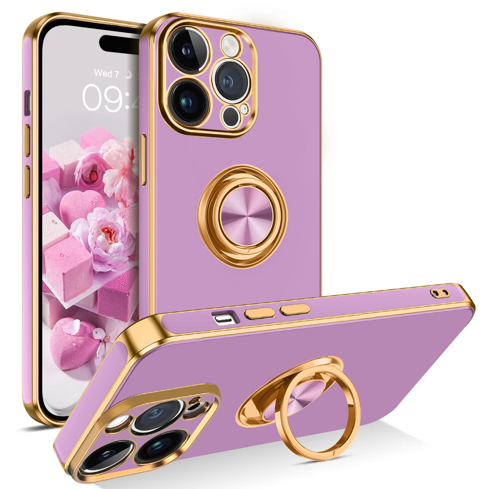 360° Rotating Kickstand iPhone 14 Pro Max Case - Shockproof TPU Bumper with Metal Ring Holder, Slim Flexible Protective Cover (Purple) - Perfect for Workouts, Travel & Everyday Use