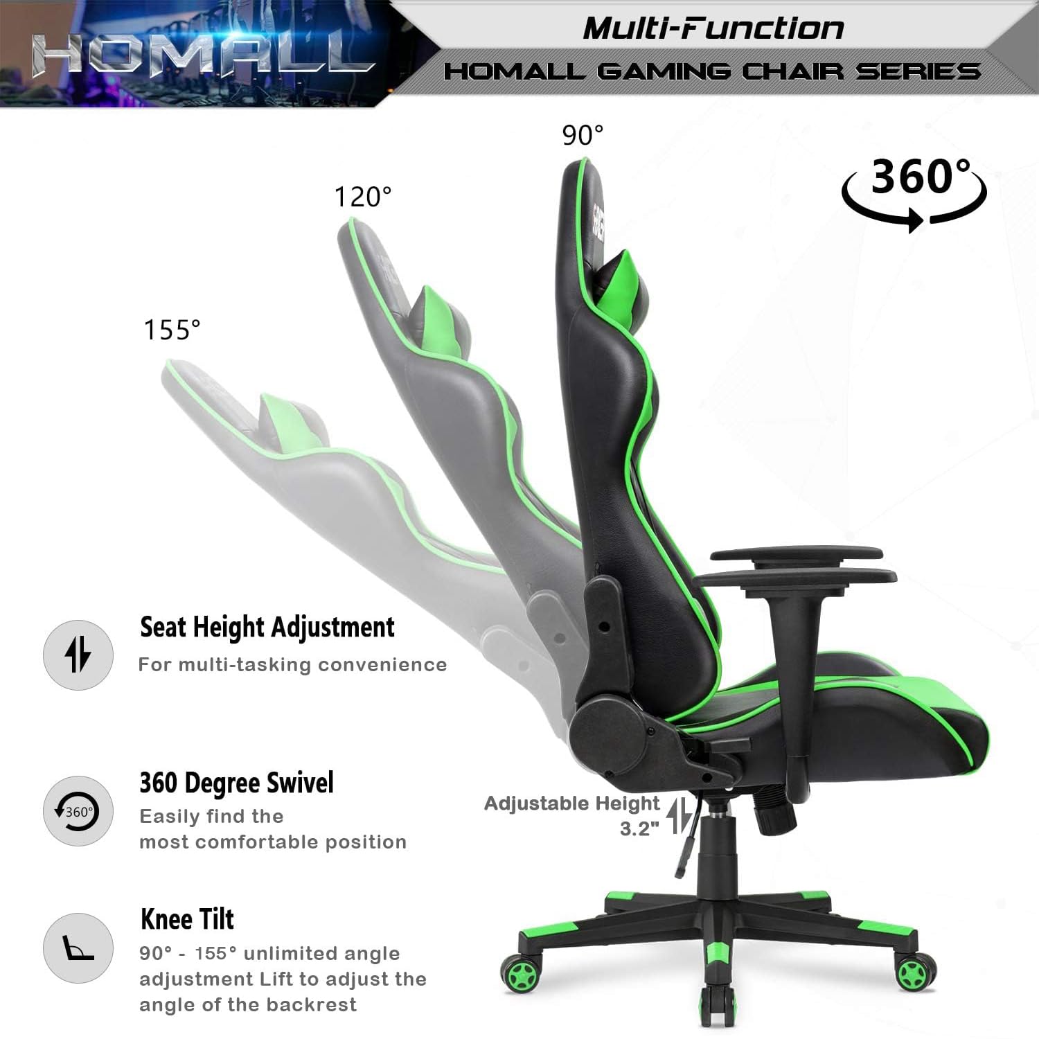 Homall Ergonomic Gaming Chair - High Back Office Chair with Adjustable Headrest & Lumbar Support, Leather Computer Desk Chair for Racing, Executive & Task Work - Perfect for Gaming, Home Office & Workspace (Green)