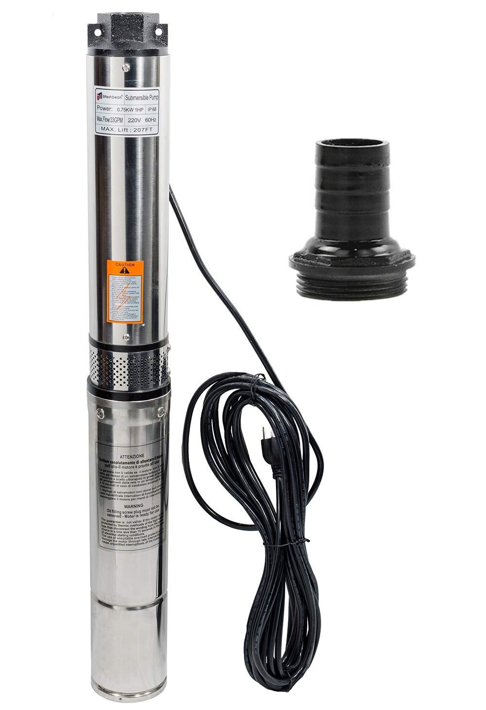 0.5HP/1HP/2HP Stainless Steel Deep Well Submersible Water Pump with 33ft Power Cord & Extra Outlet - Heavy Duty 230V for Home, Farm Irrigation & Water Supply Systems