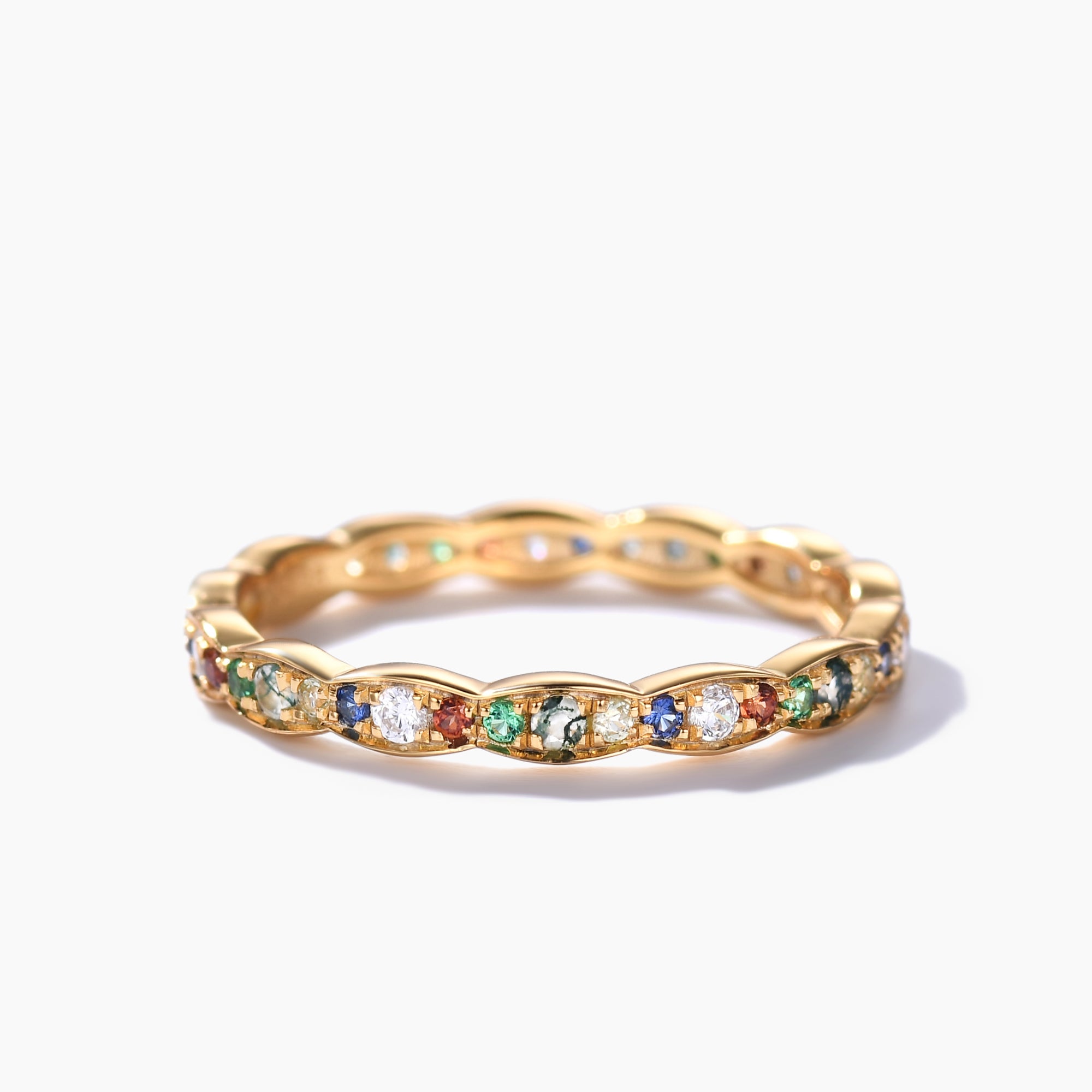 Moss Agate Wedding Band Family Birthstone Ring in Yellow Gold with Rainbow Colors - Perfect for Anniversaries, Engagements, and Special Occasions