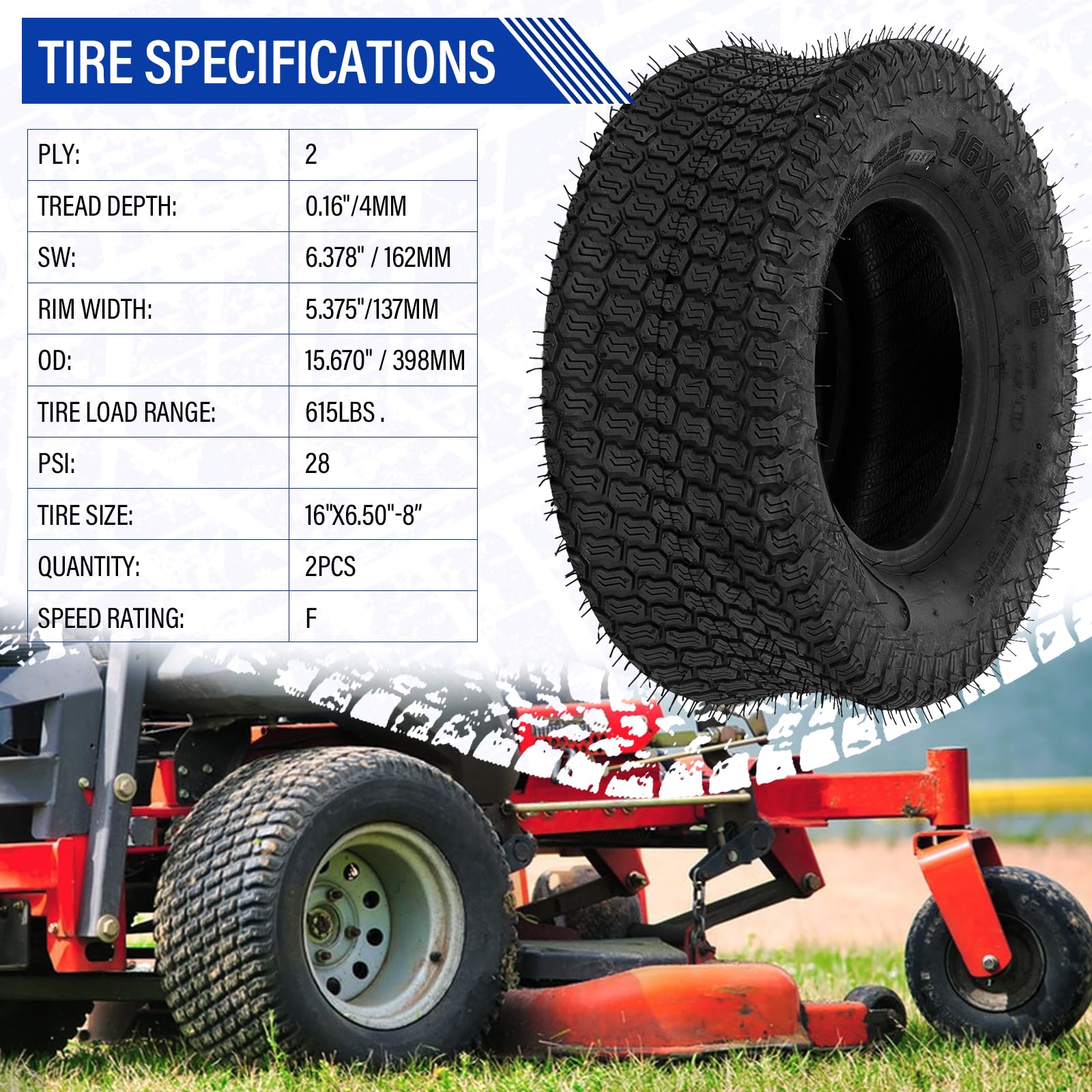 16x6.50-8 Tubeless Turf Tires - 2 Pack for Lawn Mowers, Garden Tractors & Golf Carts - All-Terrain Performance for Smooth Riding on Grass, Turf and Light Duty Applications