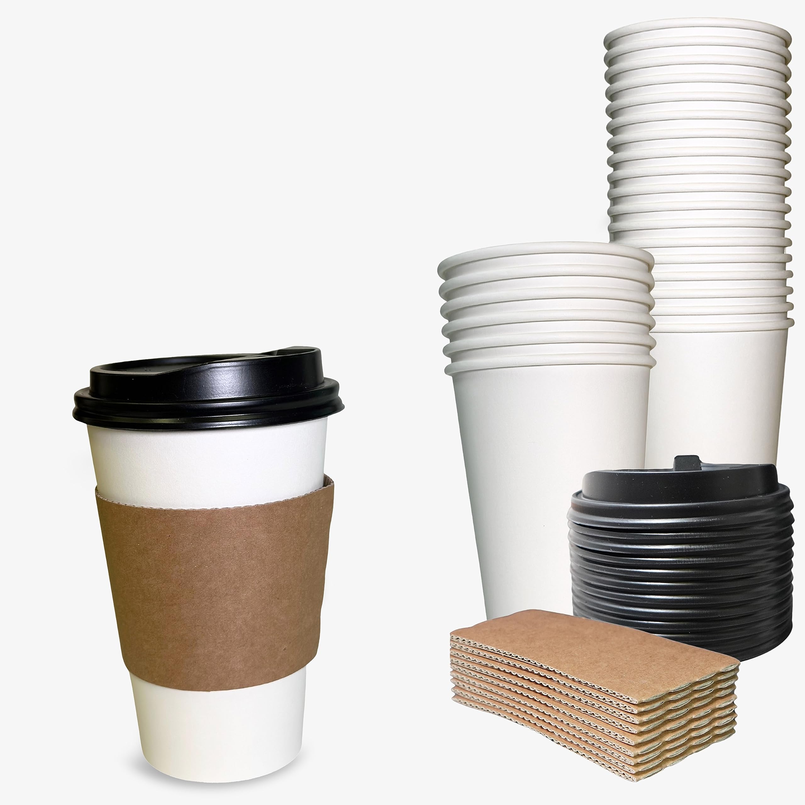 EcoQuality 20 oz Disposable White Paper Coffee Cups with Black Dome Lids & Corrugated Sleeves - Bulk 1000 Pack for Coffee Shops, Offices, Travel, Events & Catering - Hot Beverage Solution for On-the-Go Lifestyles