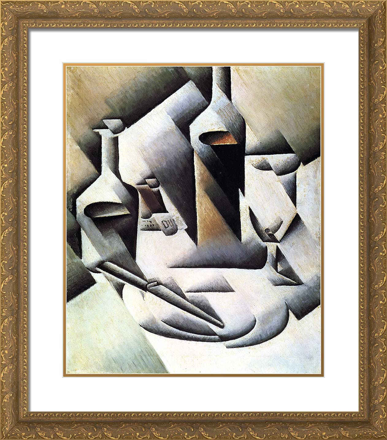 Juan Gris 'Bottles and Knife' 20x22 Gold Ornate Framed Art Print with Double Matting - Premium Wall Decor for Living Room, Office & Dining Room